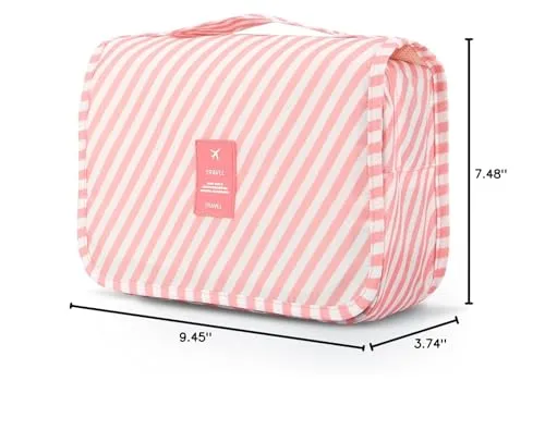 Mossio Hanging Toiletry Bag - Large Cosmetic Makeup Travel Organizer for Men & Women with Sturdy Hook (Pink Striped)