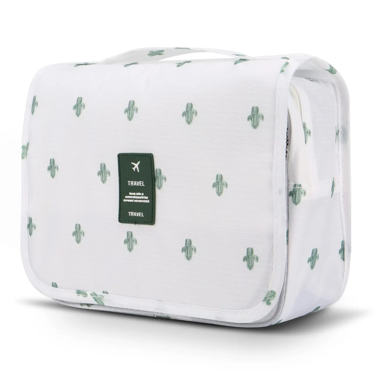 Mossio Hanging Toiletry Bag - Large Cosmetic Makeup Travel Organizer for Men & Women with Sturdy Hook (White Cactus)