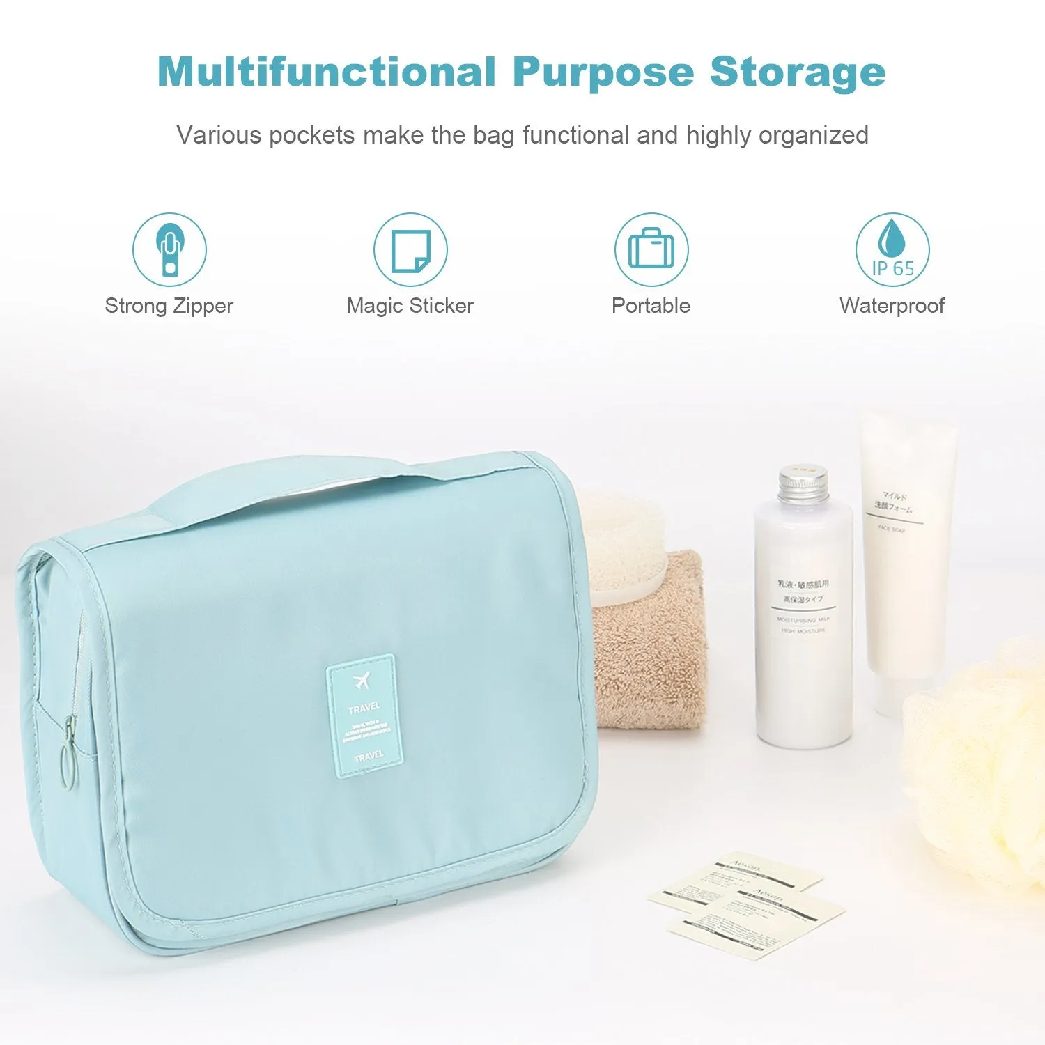 Mossio Hanging Toiletry Bag - Large Cosmetic Makeup Travel Organizer for Men & Women with Sturdy Hook (White Cactus)