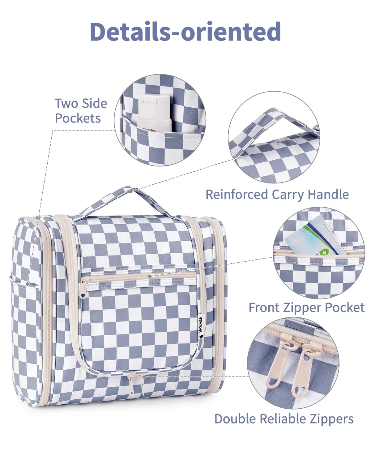 Narwey Checked Hanging Travel Toiletry Bag for Women, Travel Bag for Toiletries, Makeup Bag Organizer Cosmetic Bags Make Up Bags for Women (Grayish Blue Checkerboard)