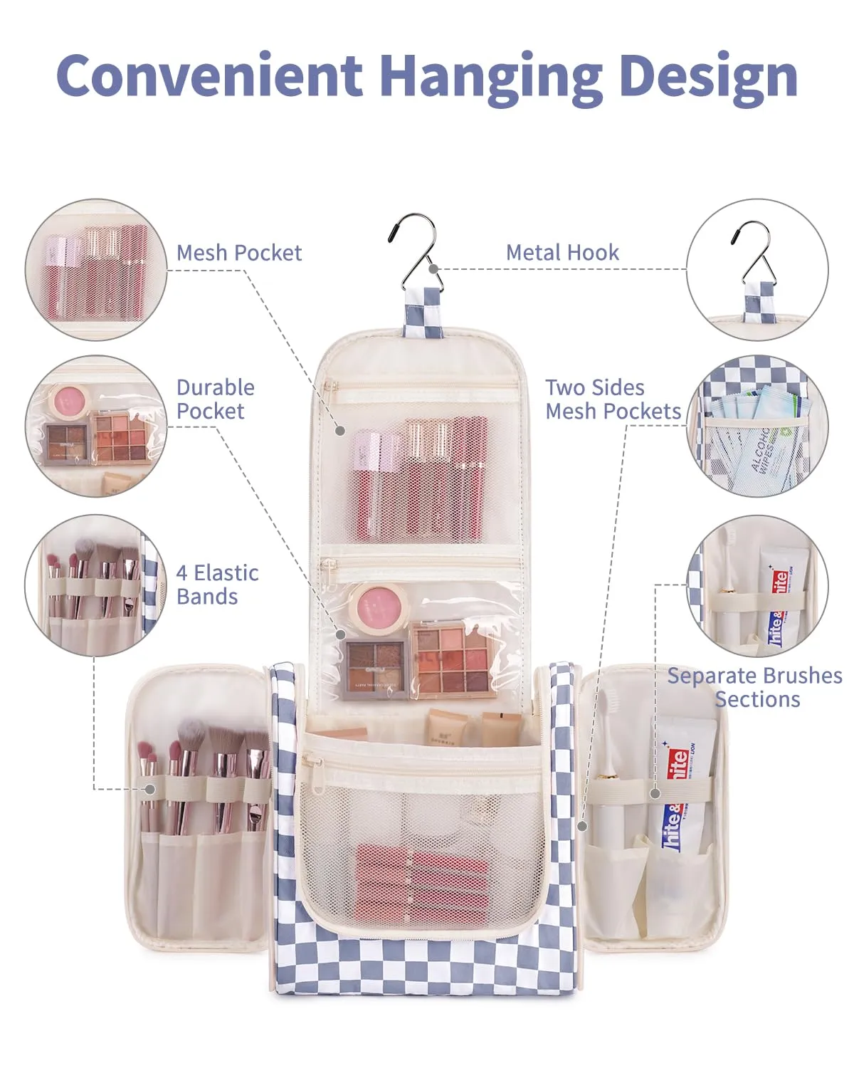 Narwey Checked Hanging Travel Toiletry Bag for Women, Travel Bag for Toiletries, Makeup Bag Organizer Cosmetic Bags Make Up Bags for Women (Grayish Blue Checkerboard)