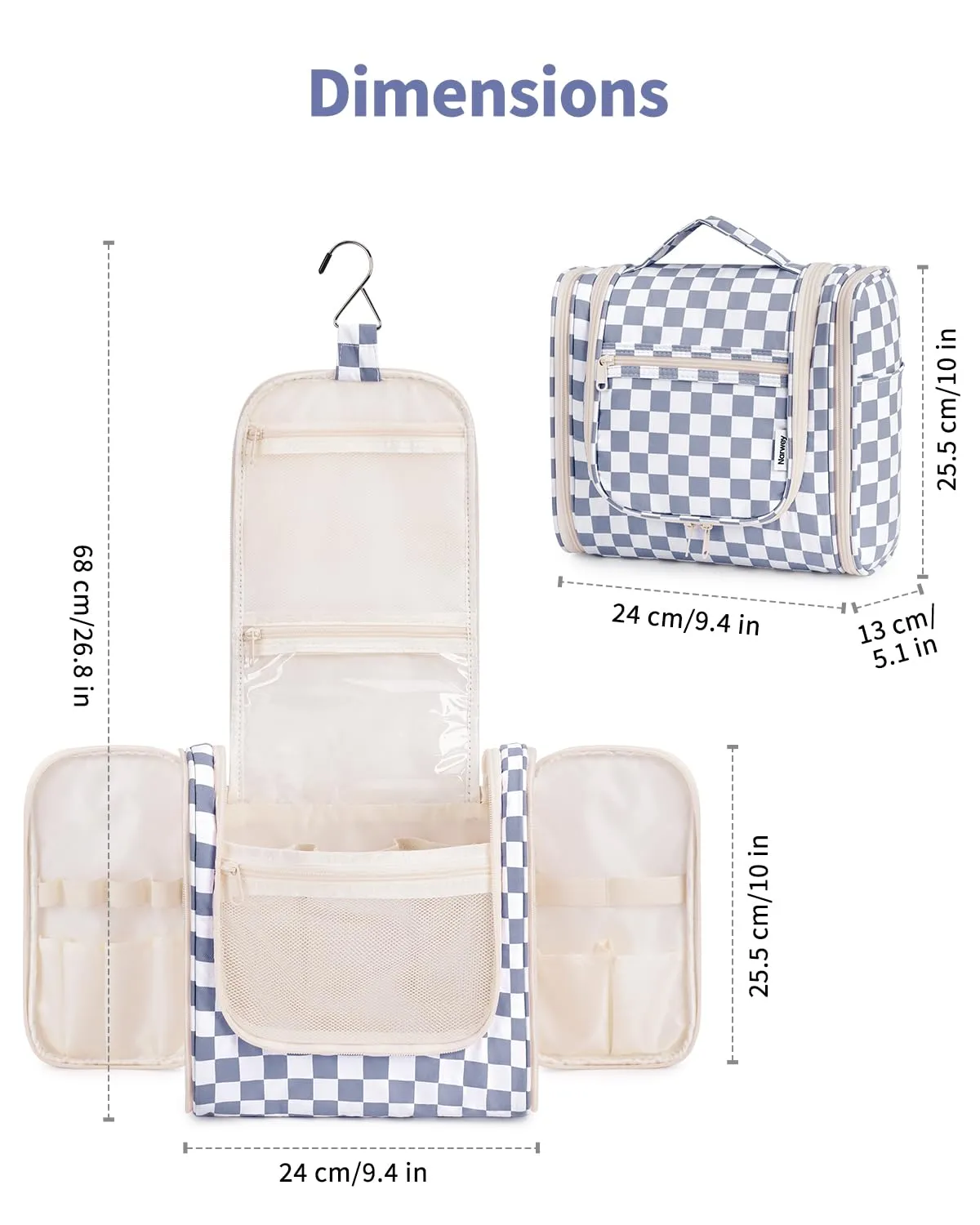 Narwey Checked Hanging Travel Toiletry Bag for Women, Travel Bag for Toiletries, Makeup Bag Organizer Cosmetic Bags Make Up Bags for Women (Grayish Blue Checkerboard)
