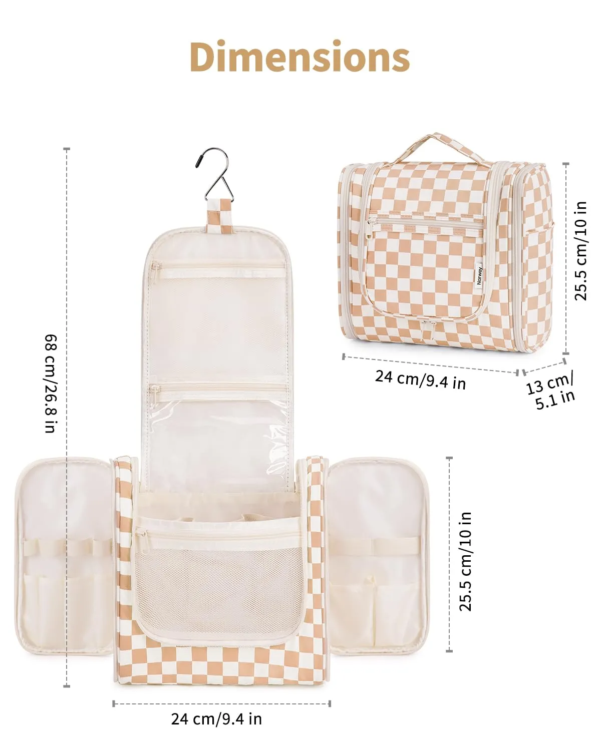 Narwey Checked Hanging Travel Toiletry Bag for Women, Travel Bag for Toiletries, Makeup Bag Organizer Cosmetic Bags Make Up Bags for Women (Light Checkerboard)