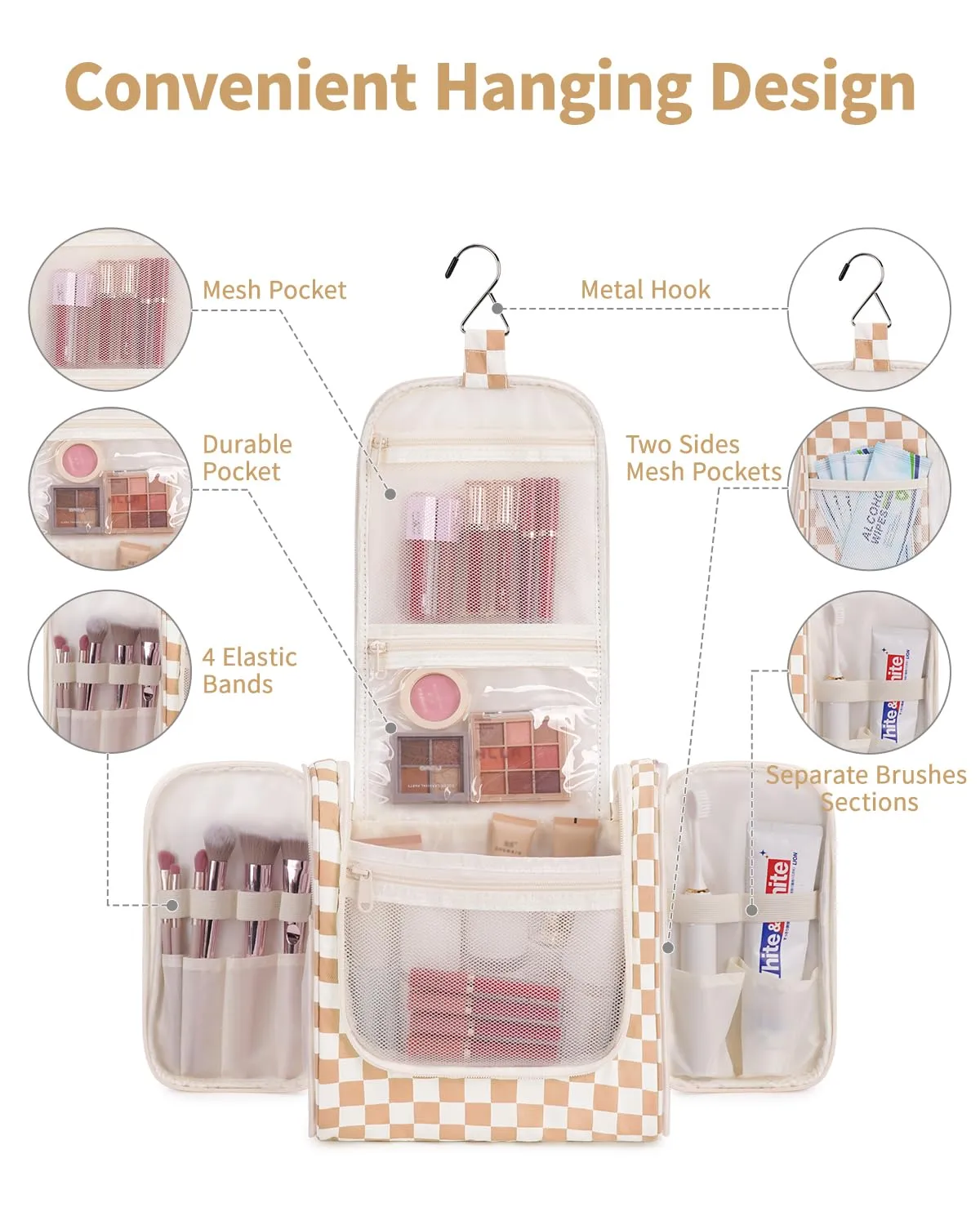 Narwey Checked Hanging Travel Toiletry Bag for Women, Travel Bag for Toiletries, Makeup Bag Organizer Cosmetic Bags Make Up Bags for Women (Light Checkerboard)