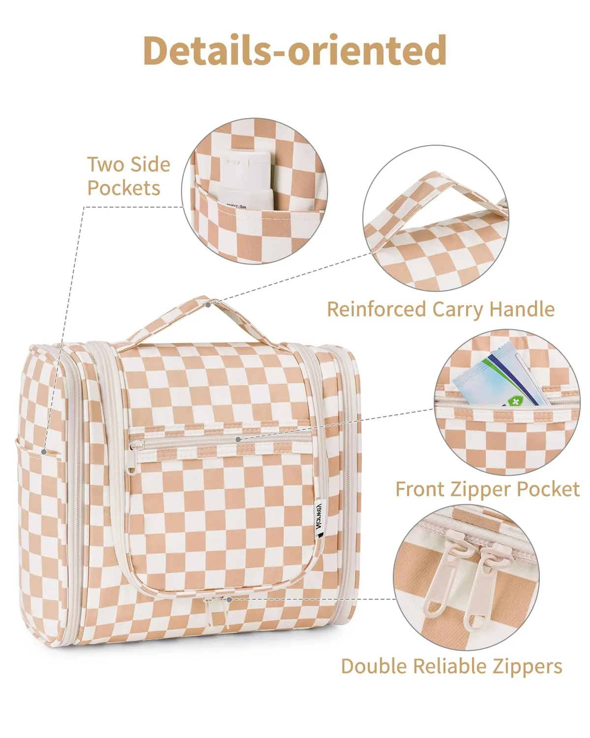 Narwey Checked Hanging Travel Toiletry Bag for Women, Travel Bag for Toiletries, Makeup Bag Organizer Cosmetic Bags Make Up Bags for Women (Light Checkerboard)