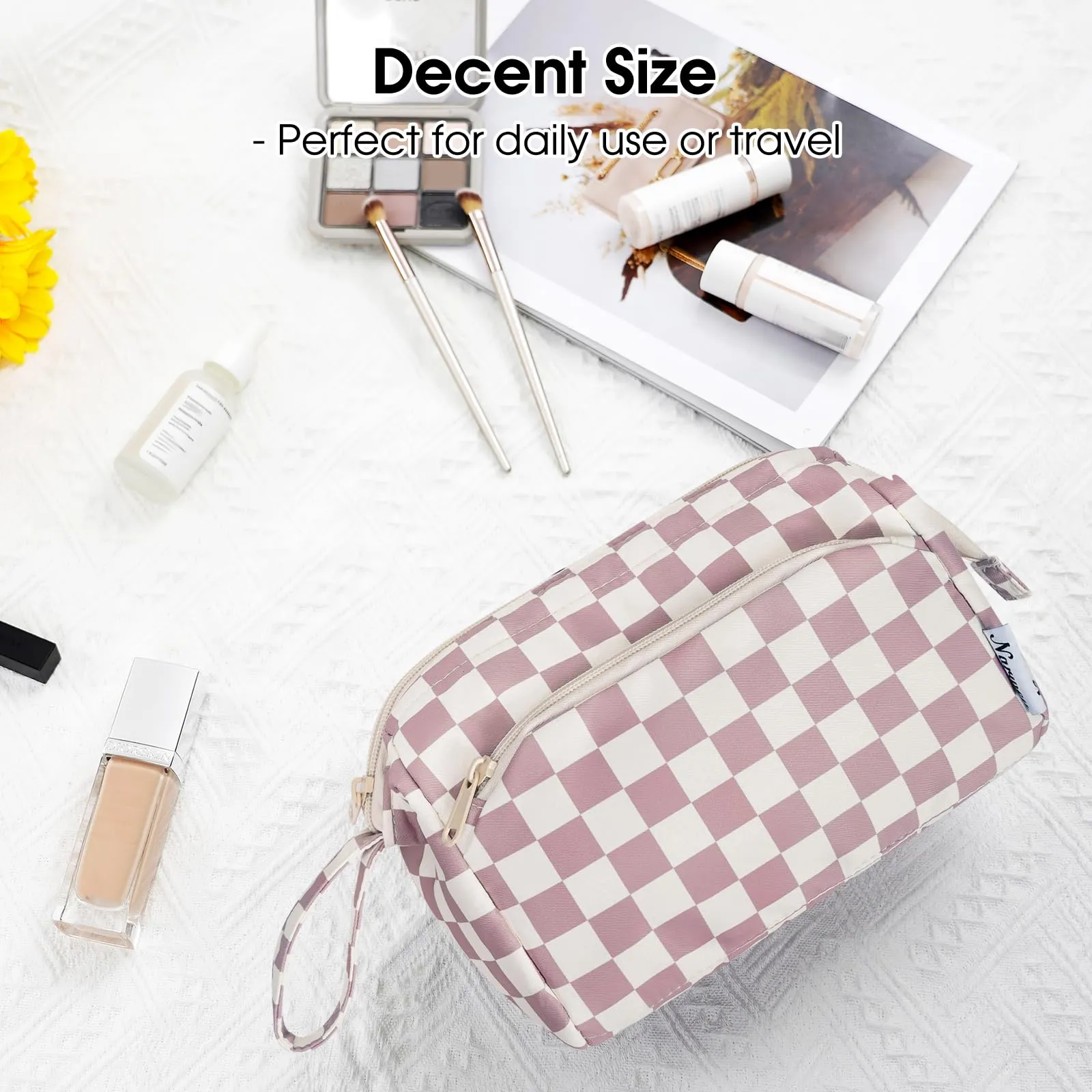 Narwey Checkered Makeup Bag Women Wide-open Make up Bag Travel Cosmetic Bag Organizer Toiletry Bag for Cosmetics Toiletries Accessories (Dusty Rose Checkerboard)