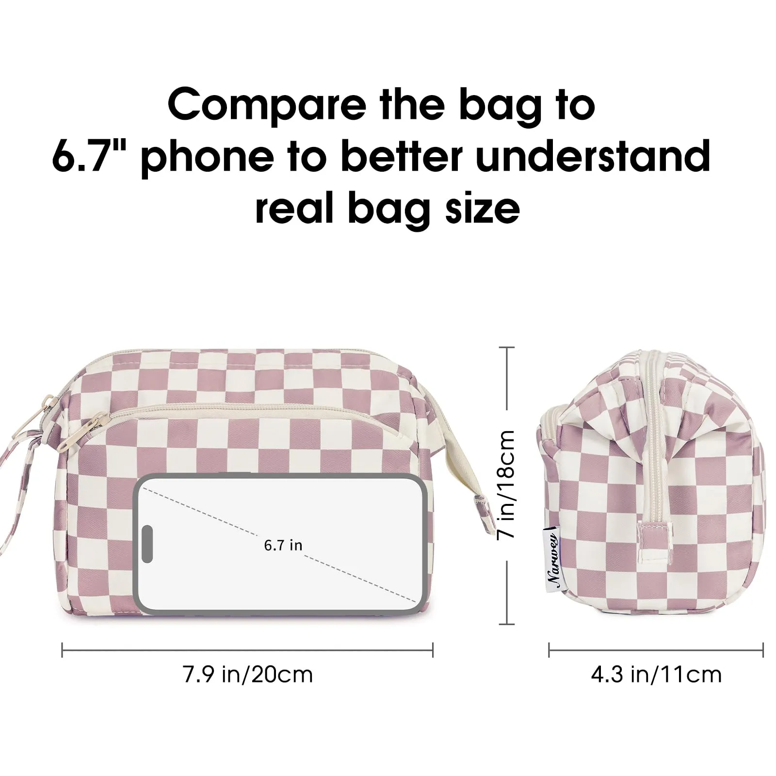 Narwey Checkered Makeup Bag Women Wide-open Make up Bag Travel Cosmetic Bag Organizer Toiletry Bag for Cosmetics Toiletries Accessories (Dusty Rose Checkerboard)