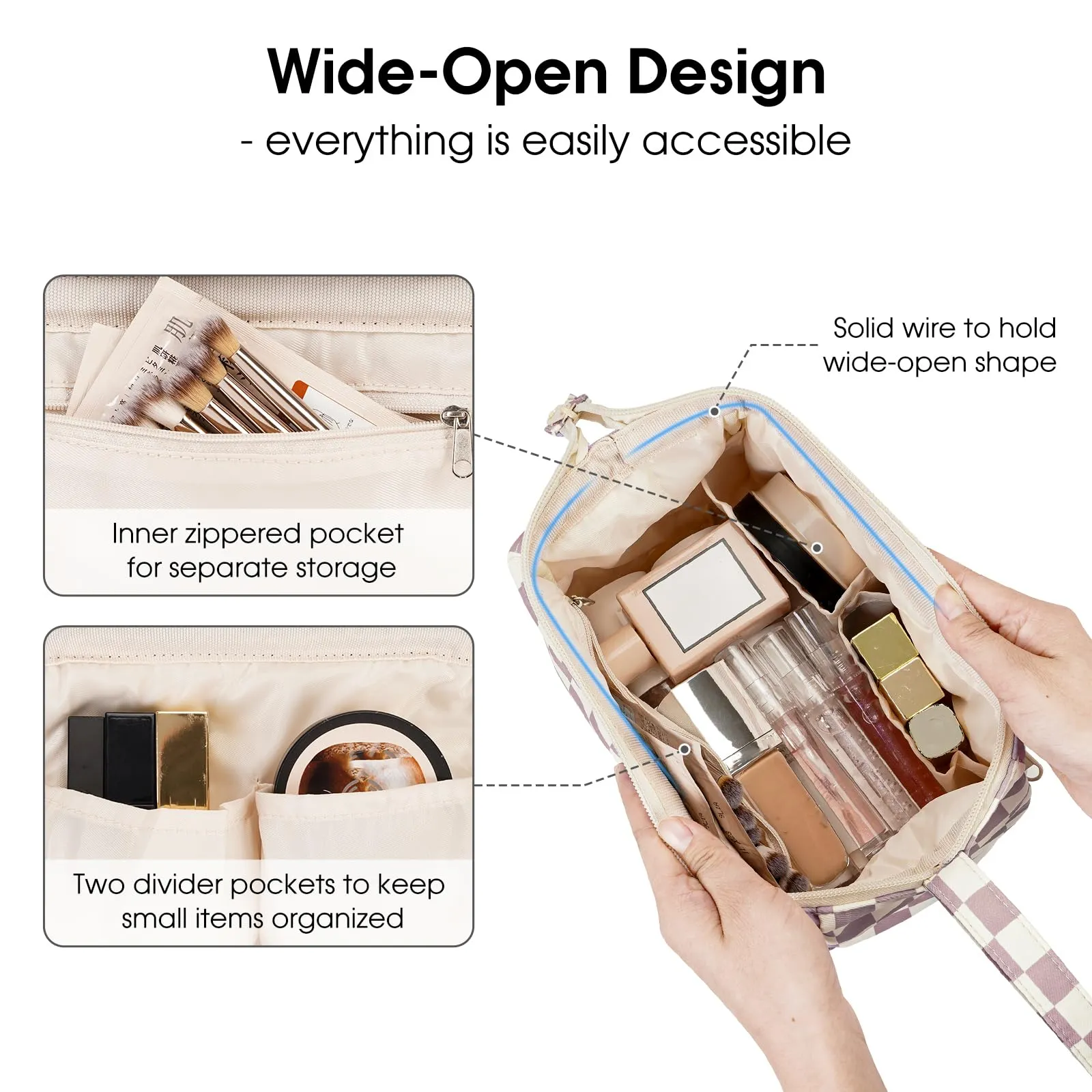 Narwey Checkered Makeup Bag Women Wide-open Make up Bag Travel Cosmetic Bag Organizer Toiletry Bag for Cosmetics Toiletries Accessories (Dusty Rose Checkerboard)