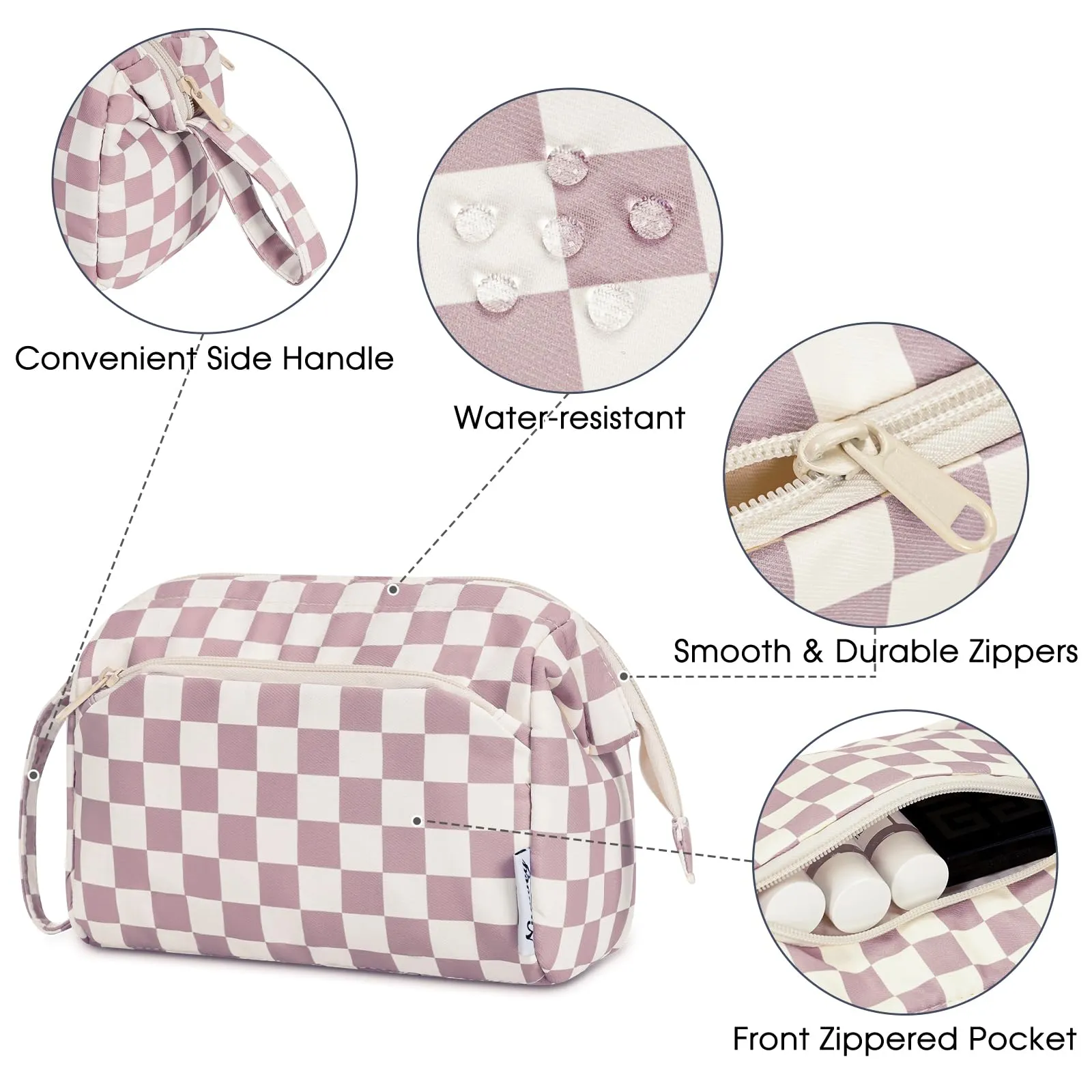 Narwey Checkered Makeup Bag Women Wide-open Make up Bag Travel Cosmetic Bag Organizer Toiletry Bag for Cosmetics Toiletries Accessories (Dusty Rose Checkerboard)