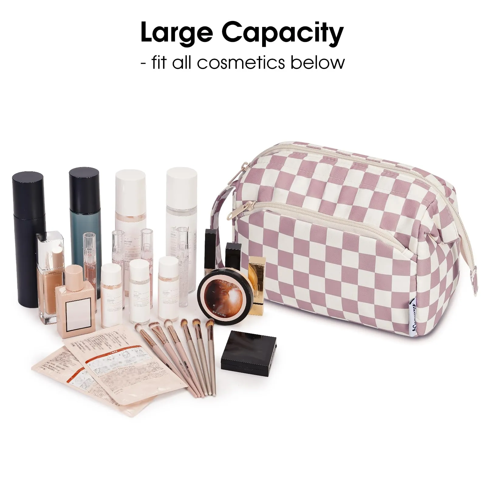 Narwey Checkered Makeup Bag Women Wide-open Make up Bag Travel Cosmetic Bag Organizer Toiletry Bag for Cosmetics Toiletries Accessories (Dusty Rose Checkerboard)