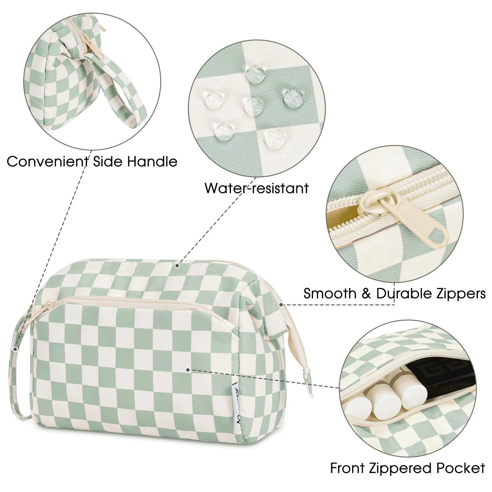 Narwey Checkered Makeup Bag Women Wide-open Make up Bag Travel Cosmetic Bag Organizer Toiletry Bag for Cosmetics Toiletries Accessories (Mint Green Checkerboard)