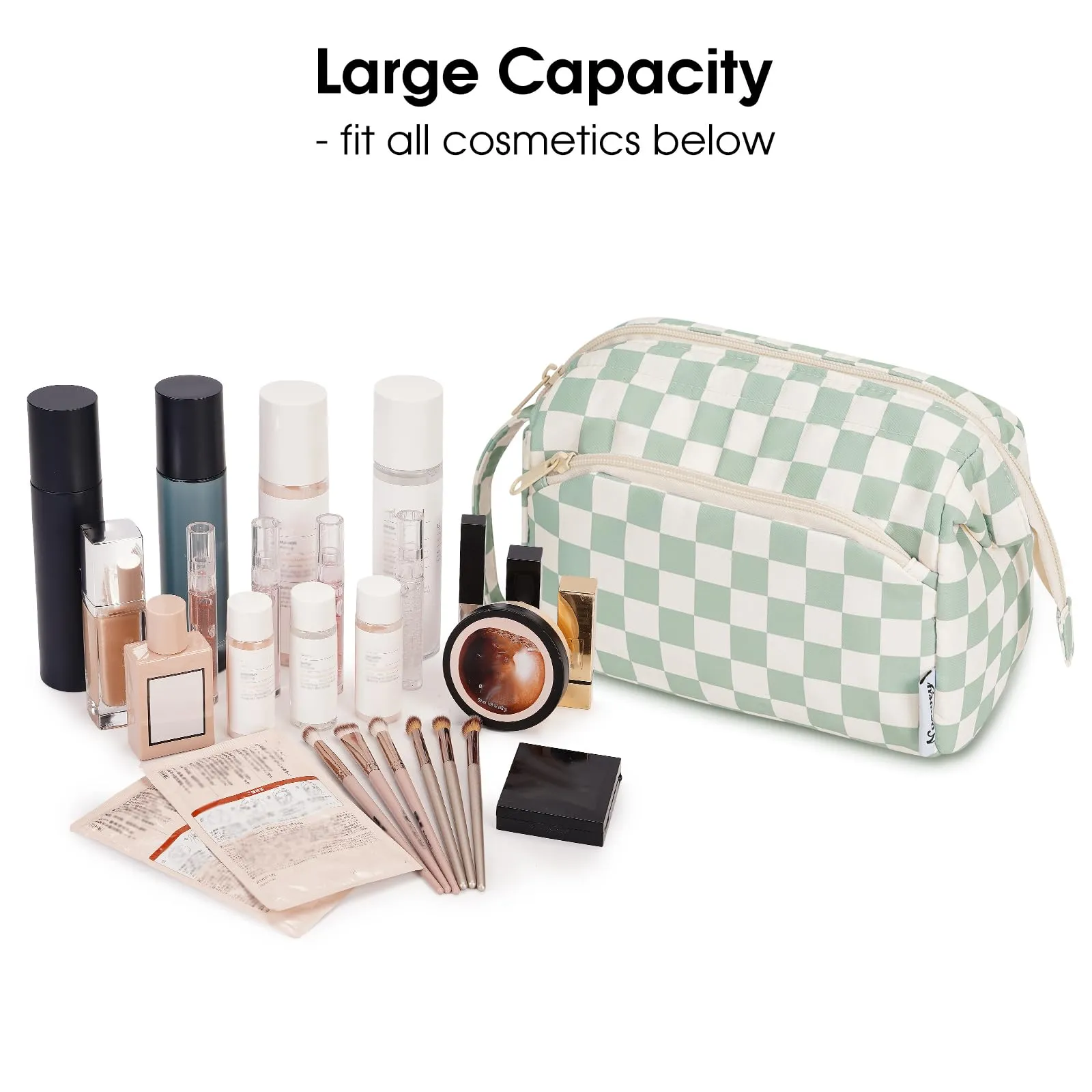 Narwey Checkered Makeup Bag Women Wide-open Make up Bag Travel Cosmetic Bag Organizer Toiletry Bag for Cosmetics Toiletries Accessories (Mint Green Checkerboard)