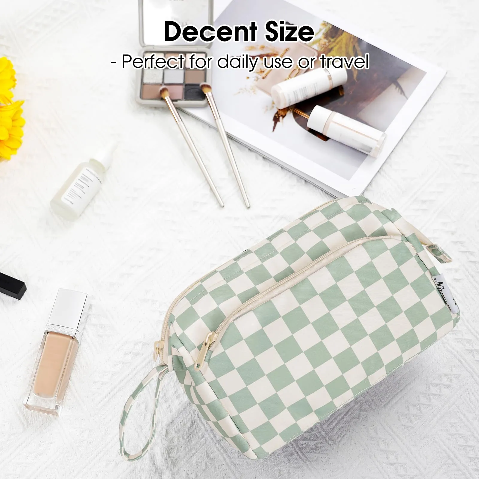Narwey Checkered Makeup Bag Women Wide-open Make up Bag Travel Cosmetic Bag Organizer Toiletry Bag for Cosmetics Toiletries Accessories (Mint Green Checkerboard)