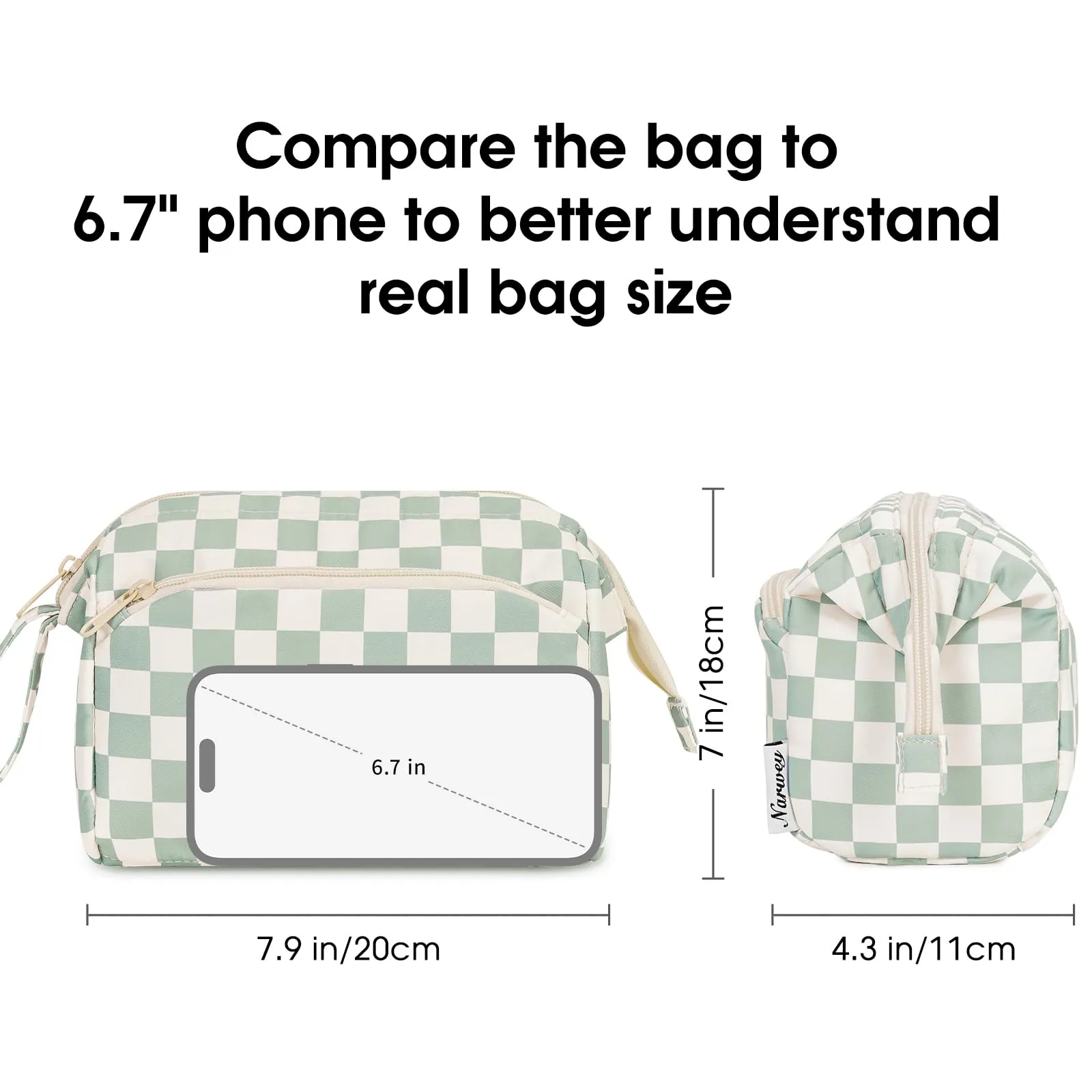 Narwey Checkered Makeup Bag Women Wide-open Make up Bag Travel Cosmetic Bag Organizer Toiletry Bag for Cosmetics Toiletries Accessories (Mint Green Checkerboard)