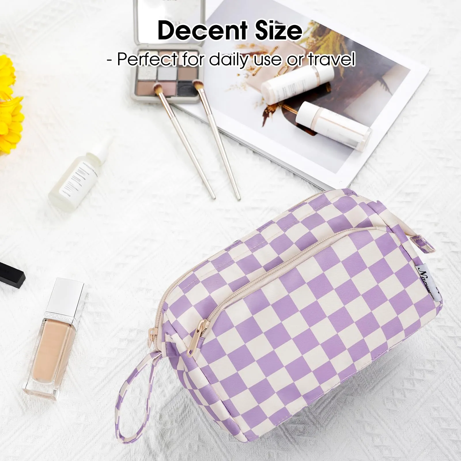 Narwey Checkered Makeup Bag Women Wide-open Make up Bag Travel Cosmetic Bag Organizer Toiletry Bag for Cosmetics Toiletries Accessories (Purple Checkerboard)