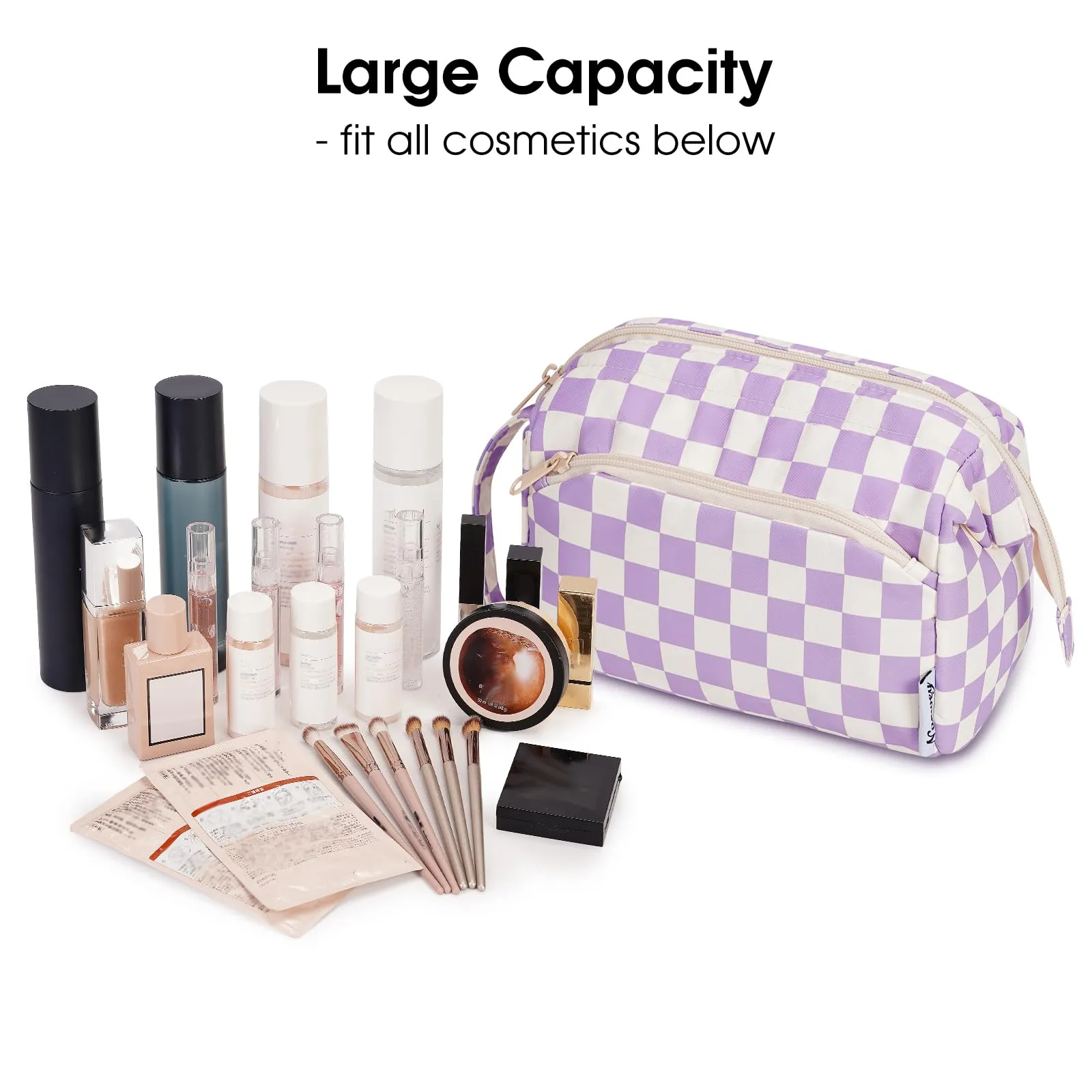Narwey Checkered Makeup Bag Women Wide-open Make up Bag Travel Cosmetic Bag Organizer Toiletry Bag for Cosmetics Toiletries Accessories (Purple Checkerboard)