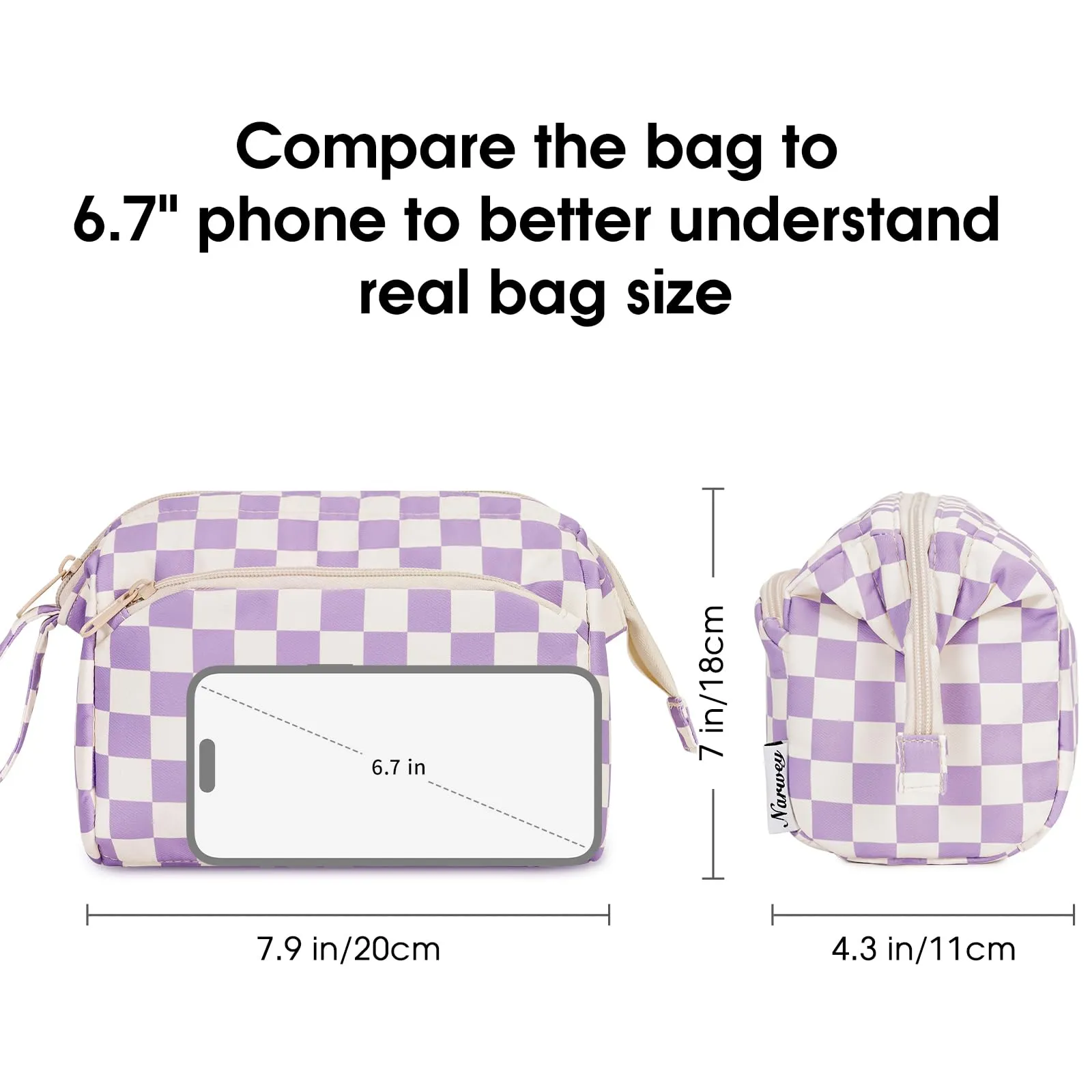 Narwey Checkered Makeup Bag Women Wide-open Make up Bag Travel Cosmetic Bag Organizer Toiletry Bag for Cosmetics Toiletries Accessories (Purple Checkerboard)