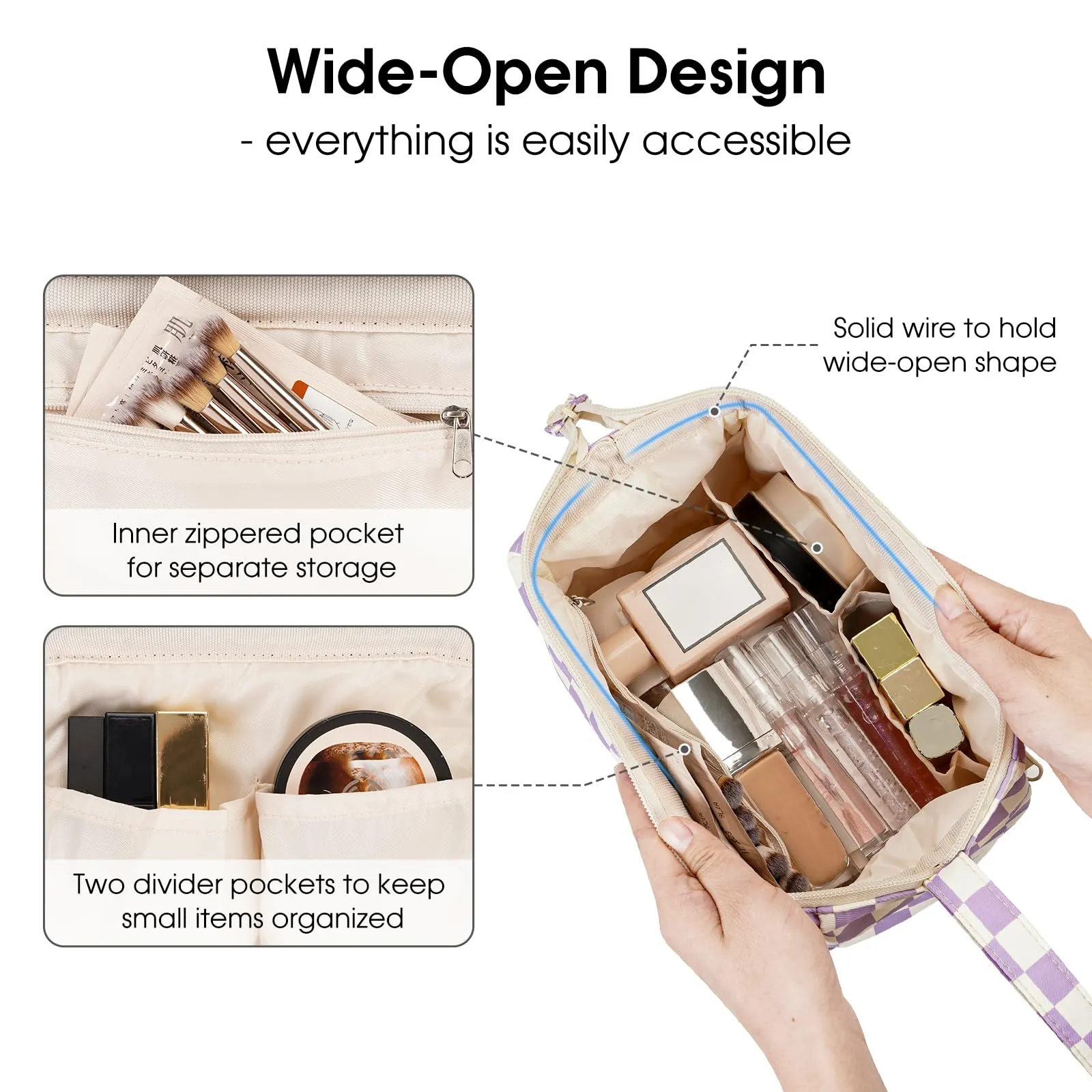 Narwey Checkered Makeup Bag Women Wide-open Make up Bag Travel Cosmetic Bag Organizer Toiletry Bag for Cosmetics Toiletries Accessories (Purple Checkerboard)