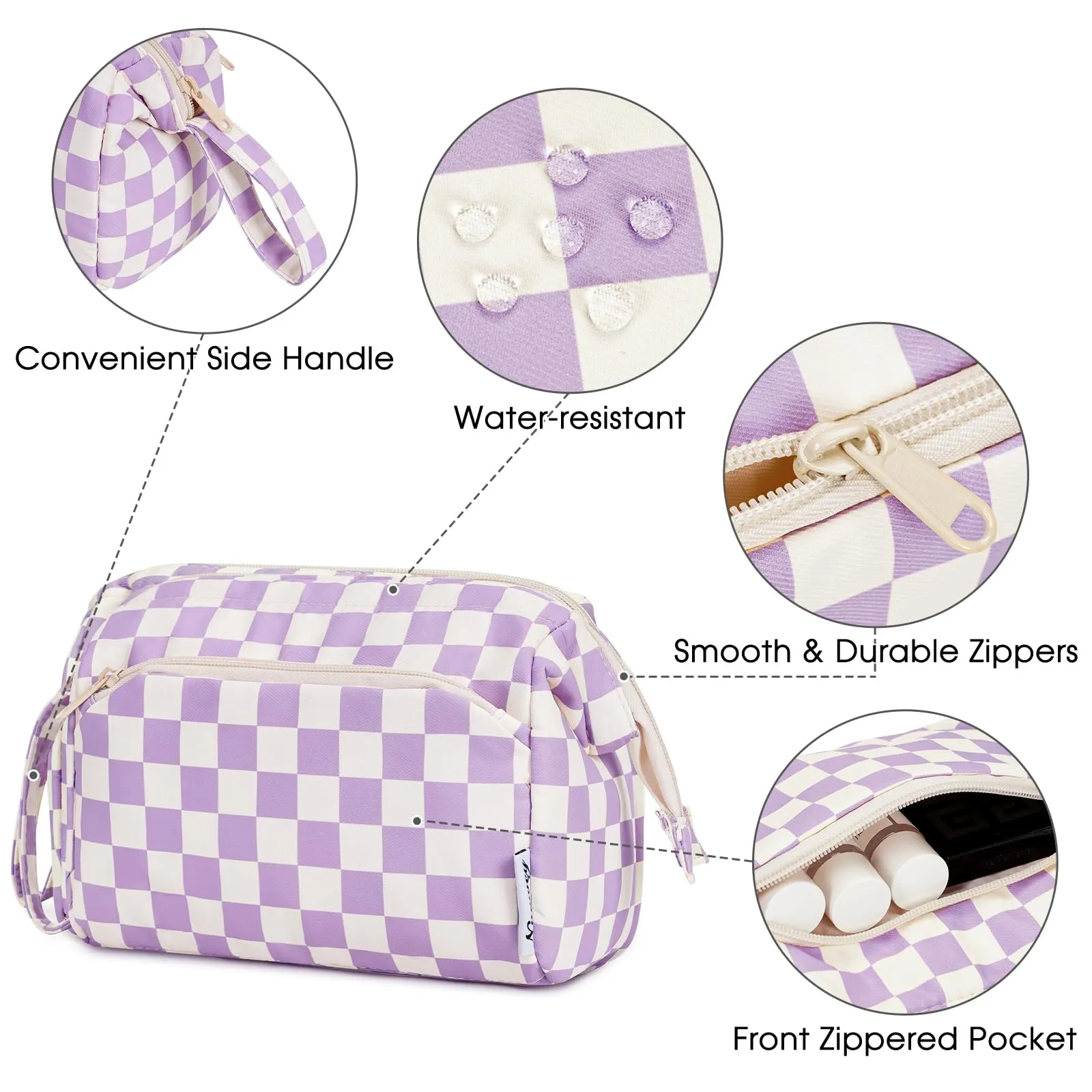 Narwey Checkered Makeup Bag Women Wide-open Make up Bag Travel Cosmetic Bag Organizer Toiletry Bag for Cosmetics Toiletries Accessories (Purple Checkerboard)