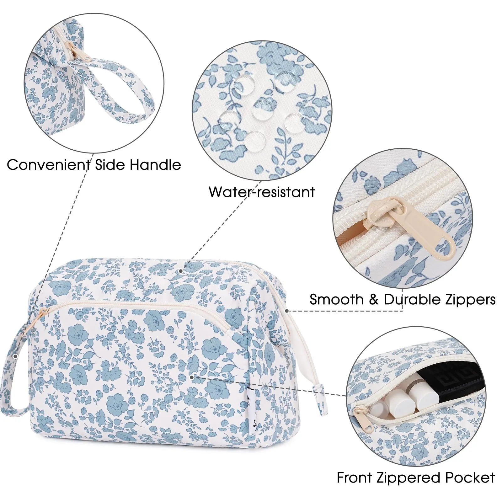 Narwey Cute Floral Makeup Bag Wide-open Make up Bag Travel Cosmetic Organizer Toiletry Bag for Cosmetics Toiletries Accessories (Little Blue Flower)