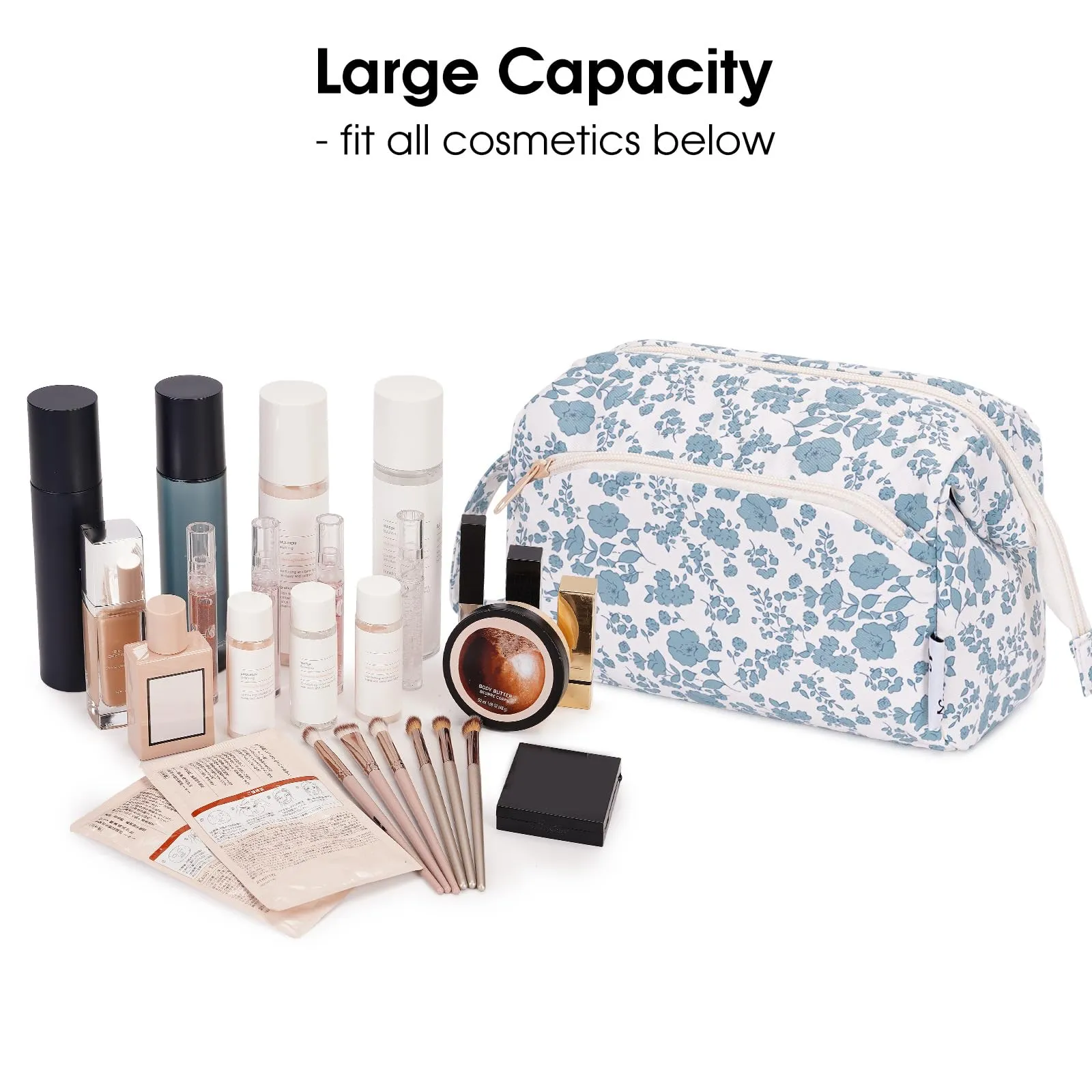 Narwey Cute Floral Makeup Bag Wide-open Make up Bag Travel Cosmetic Organizer Toiletry Bag for Cosmetics Toiletries Accessories (Little Blue Flower)