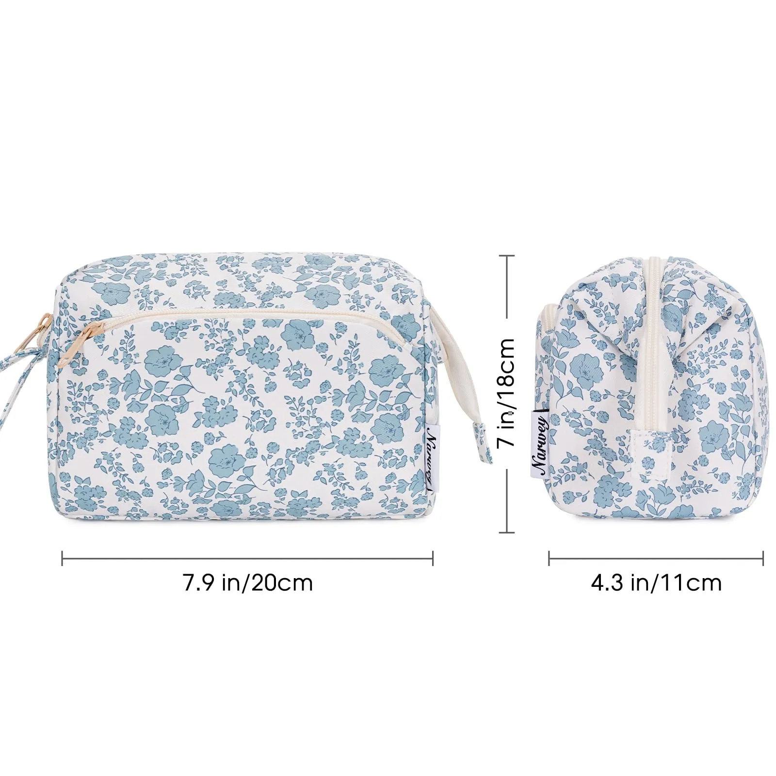 Narwey Cute Floral Makeup Bag Wide-open Make up Bag Travel Cosmetic Organizer Toiletry Bag for Cosmetics Toiletries Accessories (Little Blue Flower)