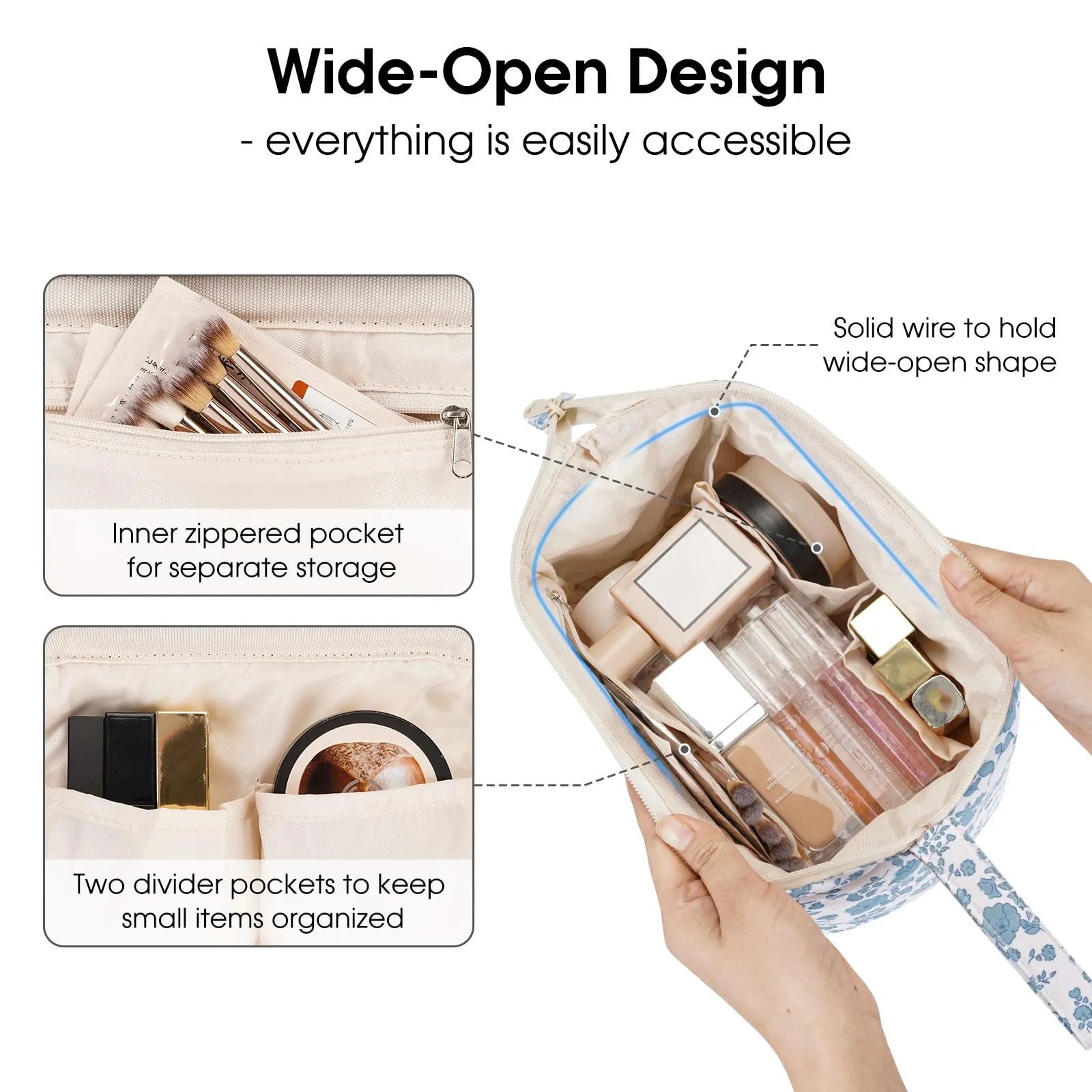 Narwey Cute Floral Makeup Bag Wide-open Make up Bag Travel Cosmetic Organizer Toiletry Bag for Cosmetics Toiletries Accessories (Little Blue Flower)