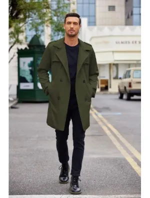 New COOFANDY Men's Trench Coat Slim Fit Notch Lapel Double Breasted Lightweight Windbreaker Green, No Belt! Sz S