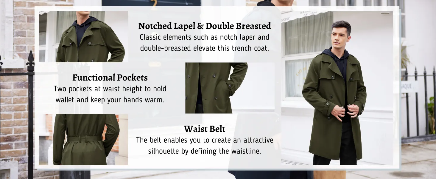 New COOFANDY Men's Trench Coat Slim Fit Notch Lapel Double Breasted Lightweight Windbreaker Green, No Belt! Sz S
