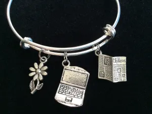 News Paper Reporter Writer Computer, Newspaper and Daisy Charms on a Silver Expandable Adjustable Bangle Bracelet Trendy Stacking Handmade Gift