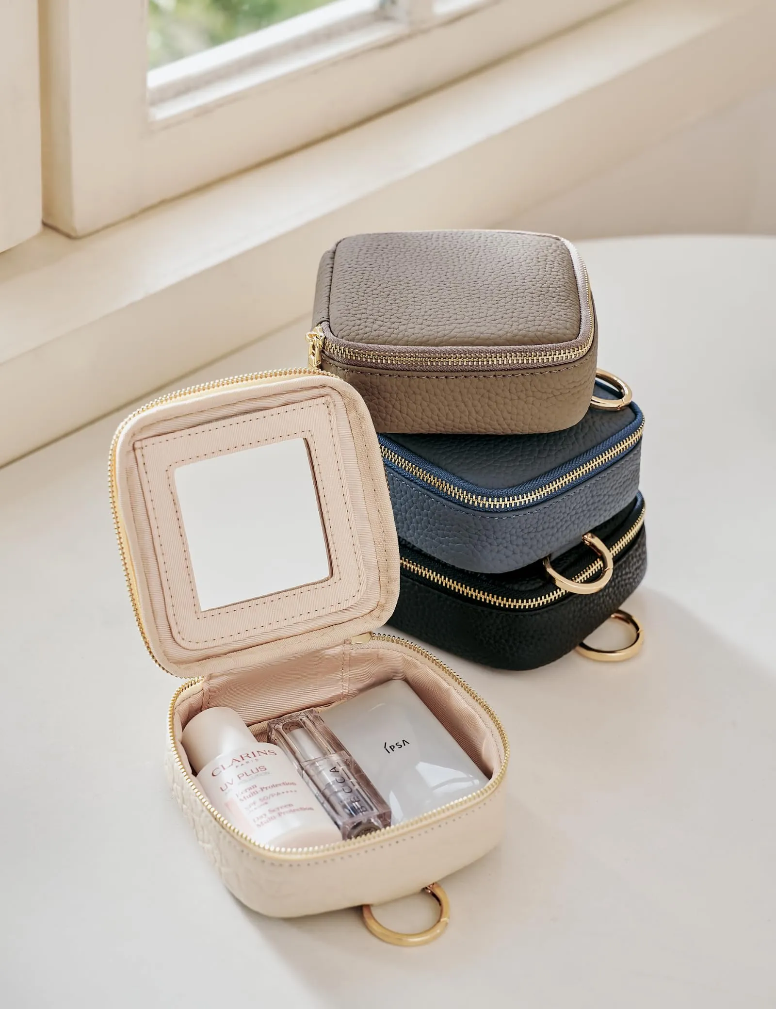 Oaque Small Makeup Bag with Mirror, Genuine Leather Mini Cosmetic Bag for Purse Makeup Pouch with Zipper Mini Toiletry Bag Cute Cosmetic Pouch for School, Travel, Car (Denim Blue)