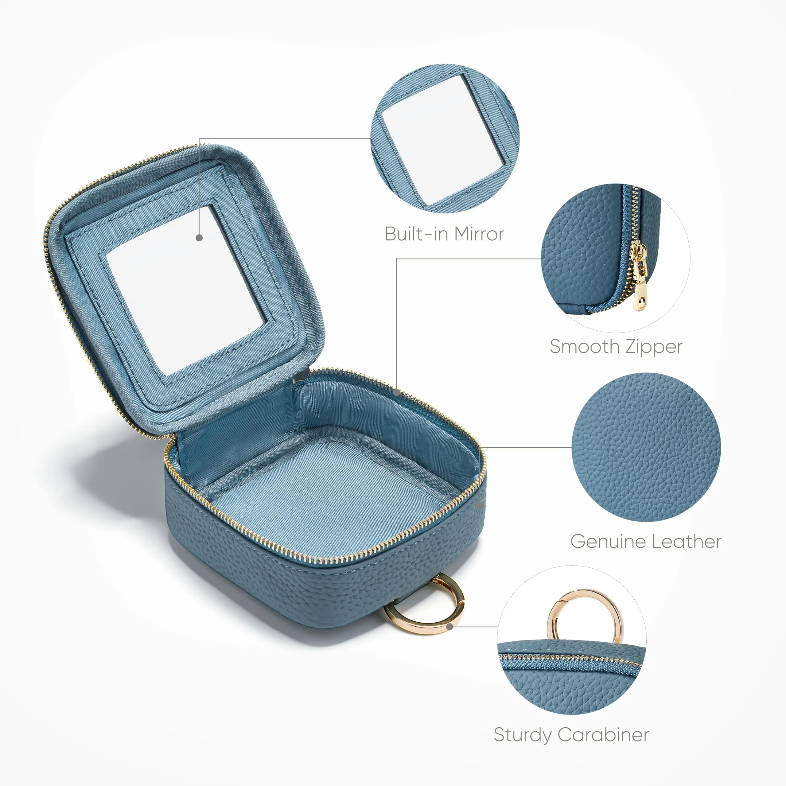 Oaque Small Makeup Bag with Mirror, Genuine Leather Mini Cosmetic Bag for Purse Makeup Pouch with Zipper Mini Toiletry Bag Cute Cosmetic Pouch for School, Travel, Car (Denim Blue)
