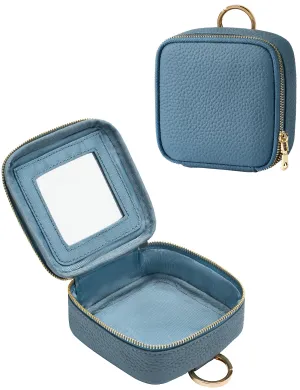 Oaque Small Makeup Bag with Mirror, Genuine Leather Mini Cosmetic Bag for Purse Makeup Pouch with Zipper Mini Toiletry Bag Cute Cosmetic Pouch for School, Travel, Car (Denim Blue)