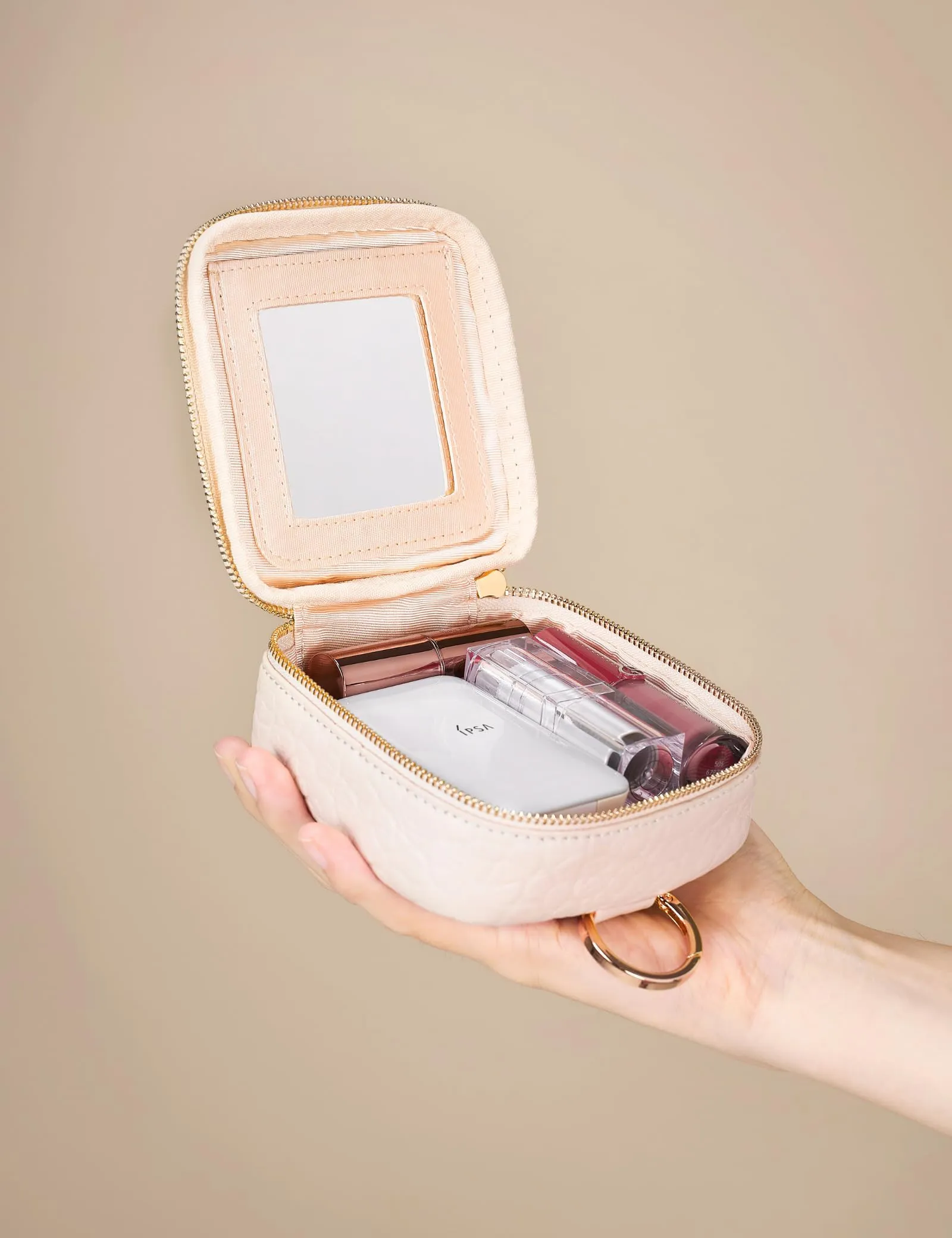 Oaque Small Makeup Bag with Mirror, Genuine Leather Mini Cosmetic Bag for Purse Makeup Pouch with Zipper Mini Toiletry Bag Cute Cosmetic Pouch for School, Travel, Car (Denim Blue)