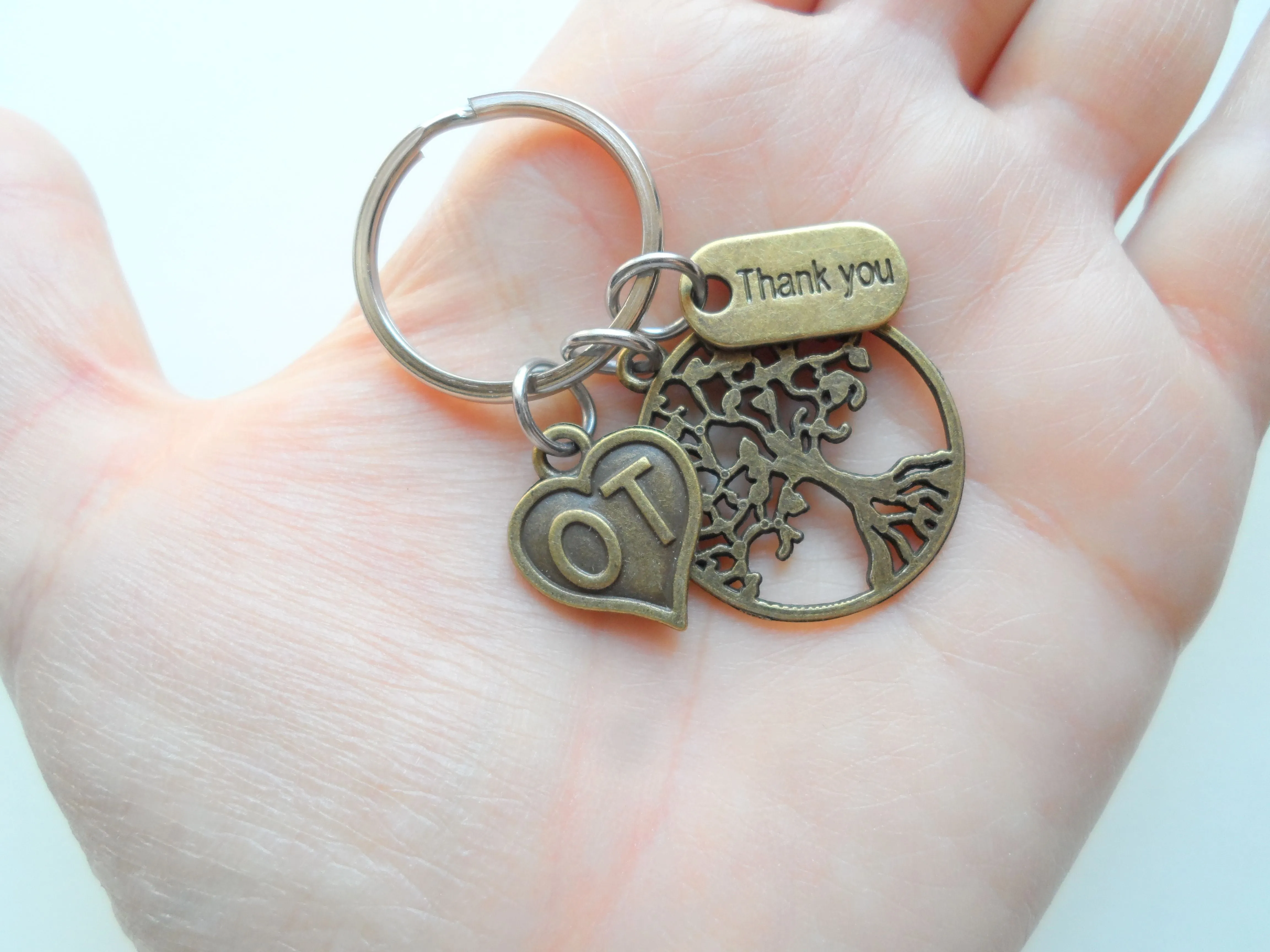 Occupational Therapist Keychain with Bronze Tree, OT Heart, and Thank You Charm, OT Appreciation Gift