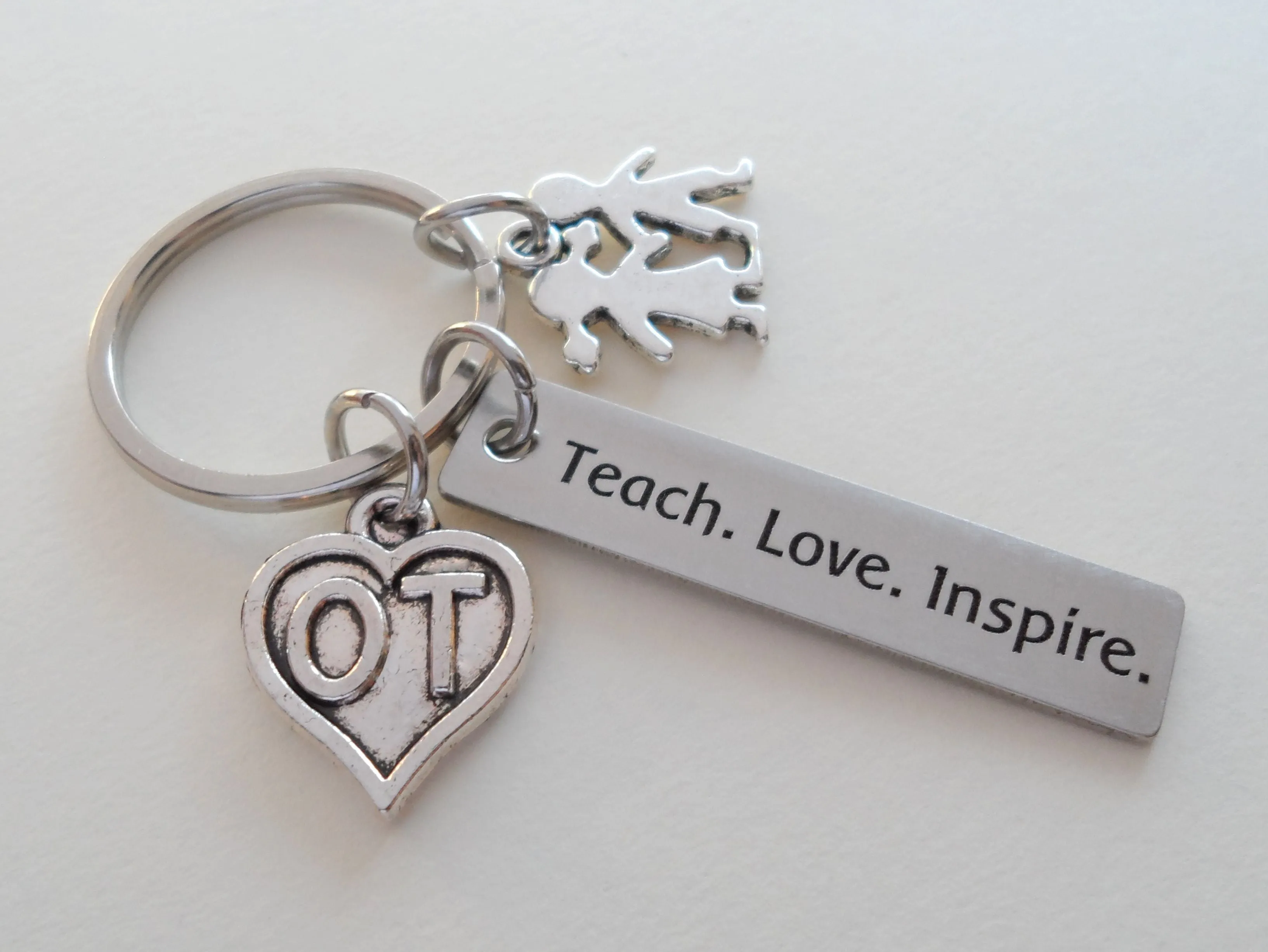 Occupational Therapist Keychain with Teach Love Inspire Engraved Tag, OT Heart, and Children Charm, OT Appreciation Gift