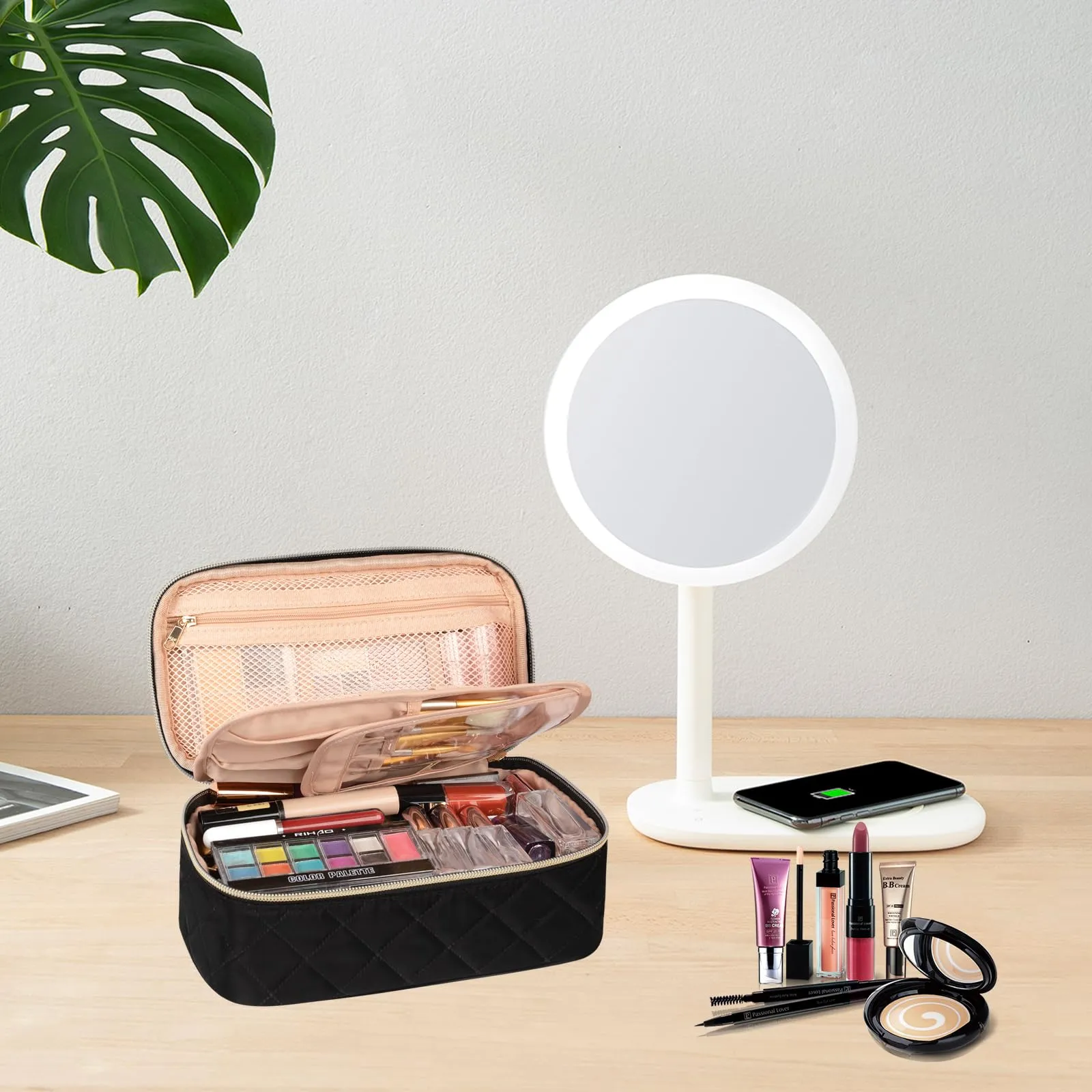 OCHEAL Small Makeup Bag,Portable Cute Travel Makeup Bag Pouch for Women Girls Makeup Brush Organizer Cosmetics Bags with Compartment-Rhombus Black