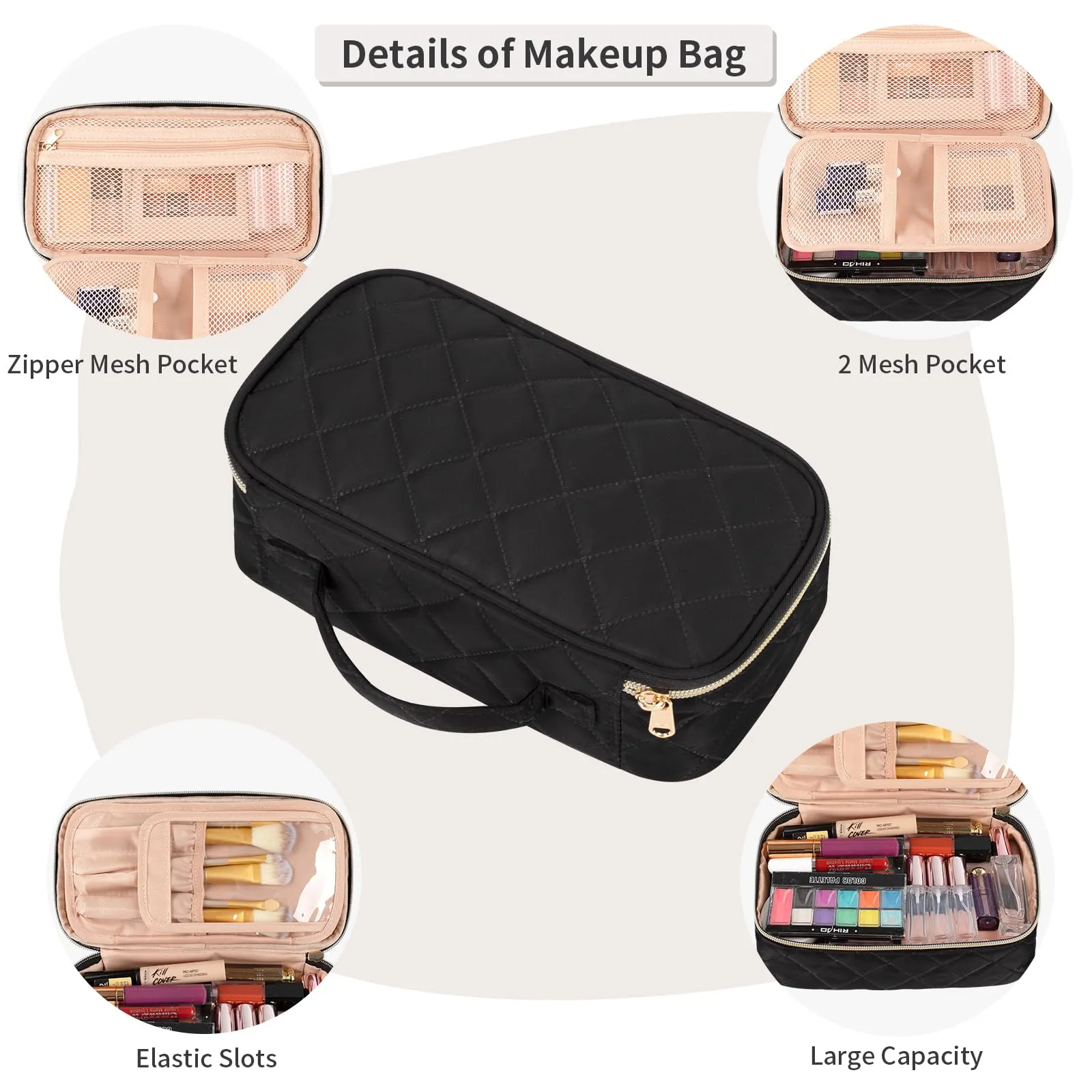 OCHEAL Small Makeup Bag,Portable Cute Travel Makeup Bag Pouch for Women Girls Makeup Brush Organizer Cosmetics Bags with Compartment-Rhombus Black