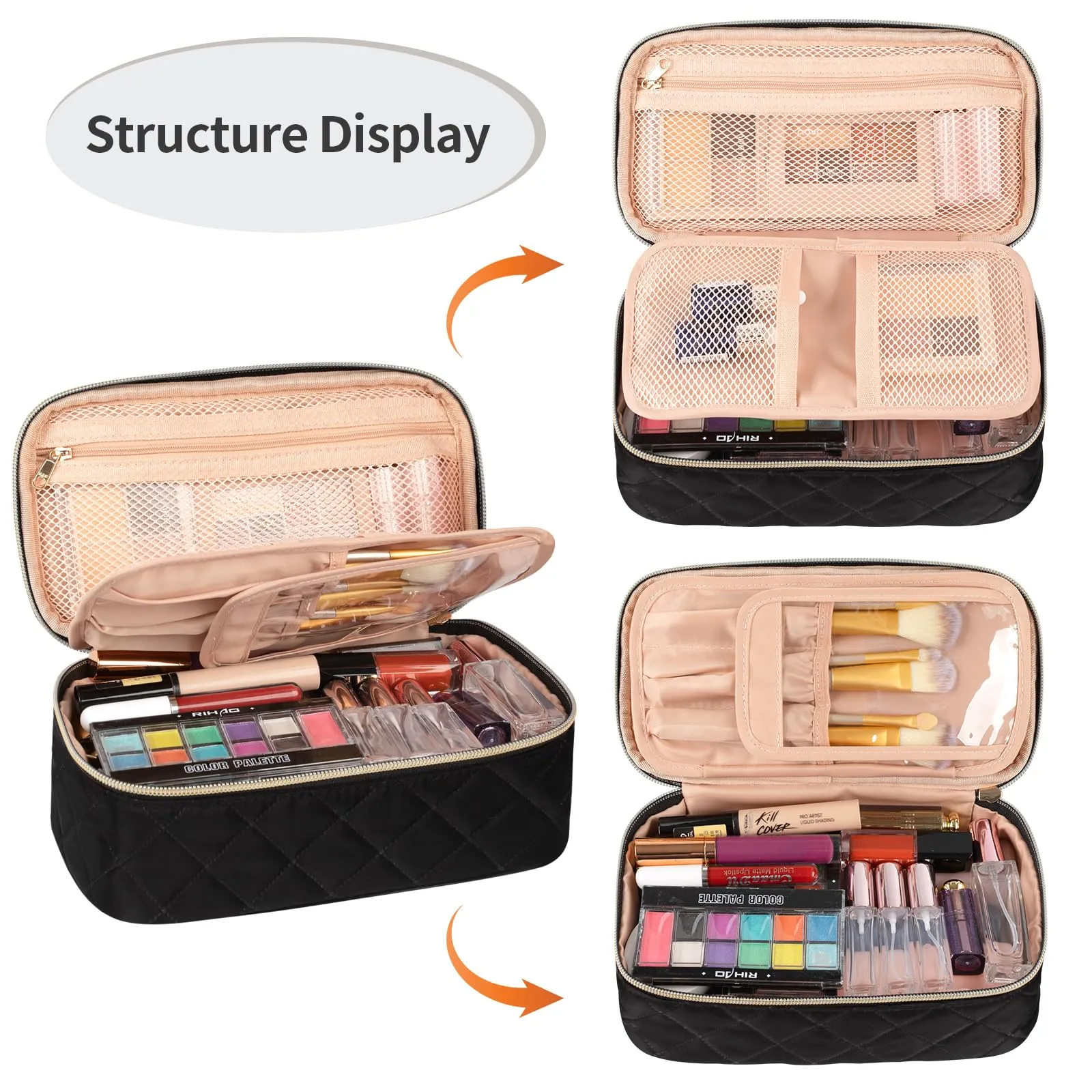 OCHEAL Small Makeup Bag,Portable Cute Travel Makeup Bag Pouch for Women Girls Makeup Brush Organizer Cosmetics Bags with Compartment-Rhombus Black