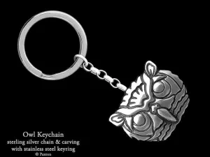 Owl Head Key Chain / Key Ring Sterling Silver