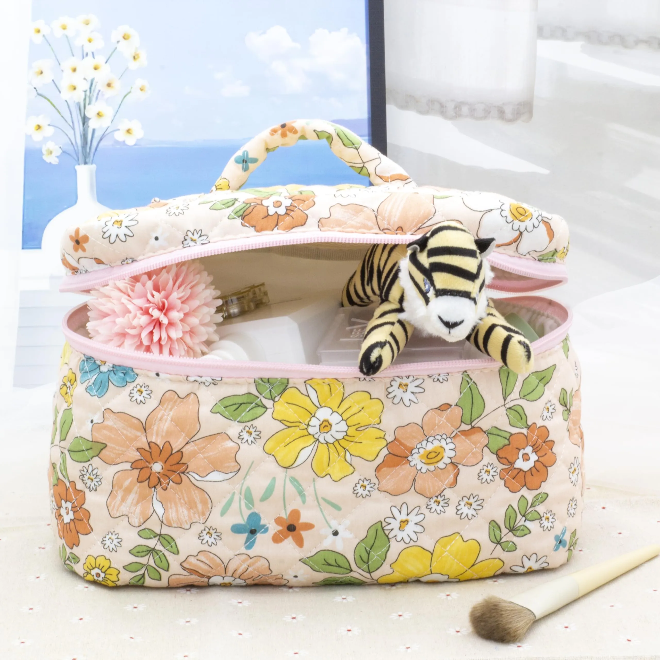 PAZIMIIK Cotton Makeup Bag for Women Large Quilted Travel Cosmetic Case Girls' Make Up Organizer,Floral Orange