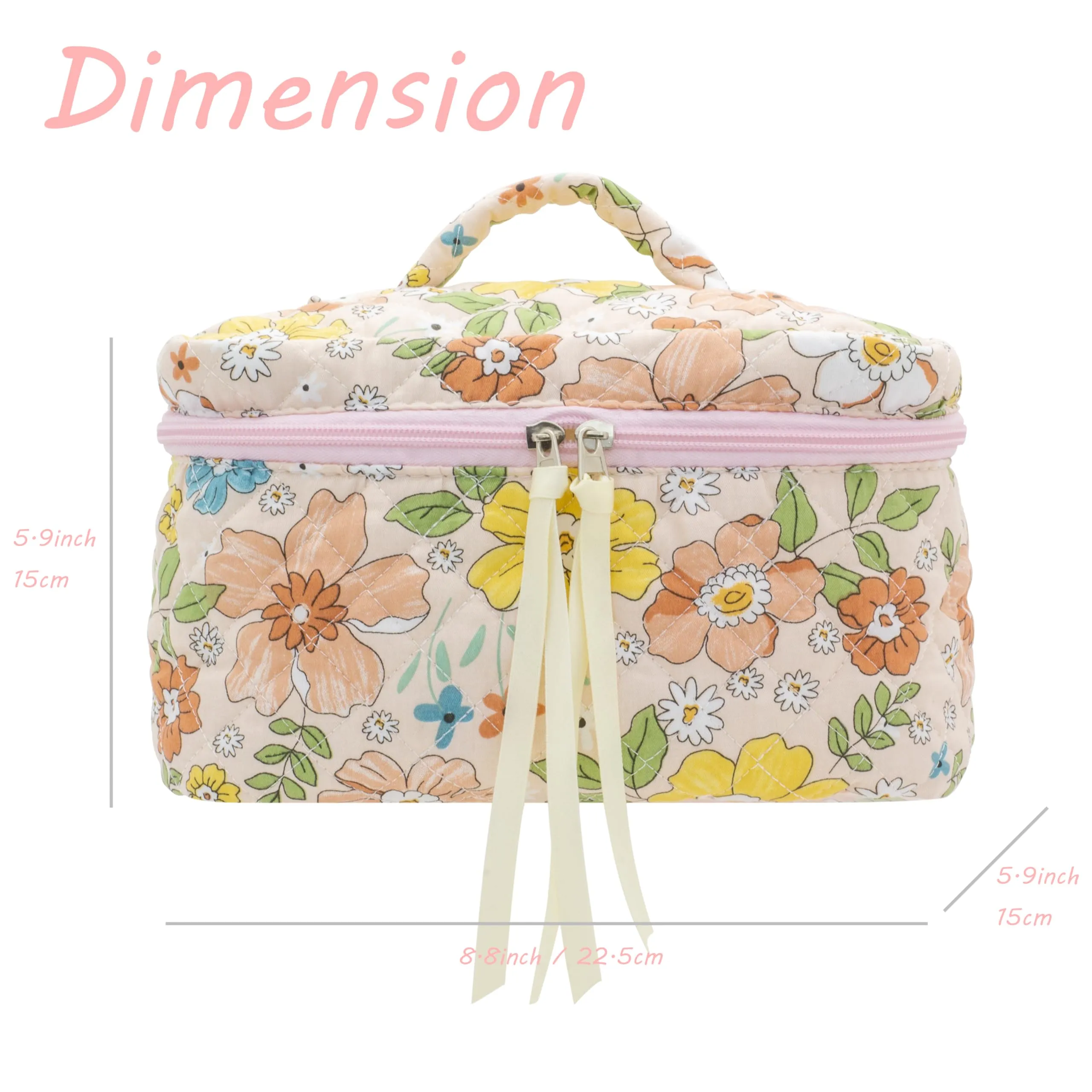 PAZIMIIK Cotton Makeup Bag for Women Large Quilted Travel Cosmetic Case Girls' Make Up Organizer,Floral Orange