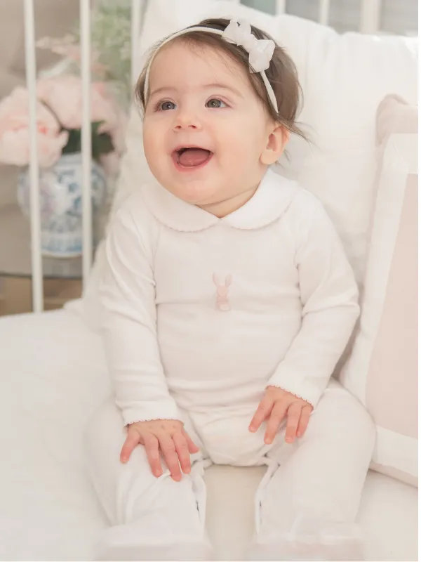 Pink Bunny Collared Pima Footie | White
