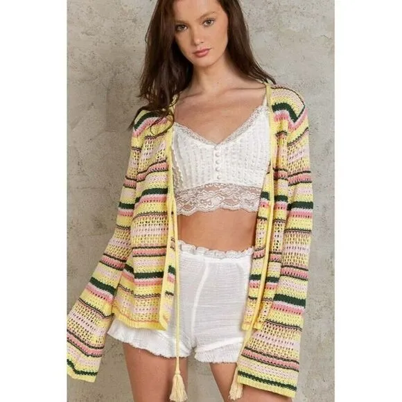POL Pineapple Express Lightweight Open Cardigan Sweater in Pineapple Pink YST263