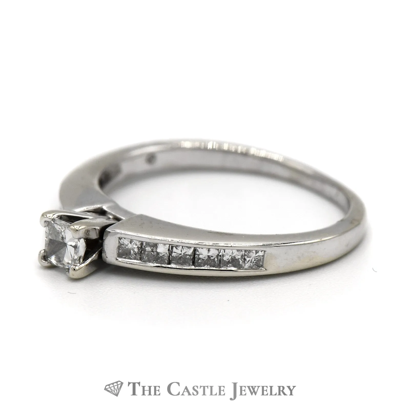 Princess Cut Diamond Solitaire Engagement Rings with Channel Set Diamond Accents in 14k White Gold