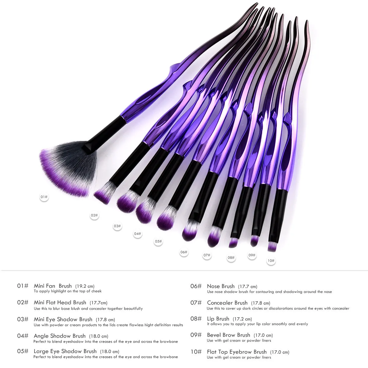 Pro Set Cosmetic Makeup Brushes 10pcs - Purple
