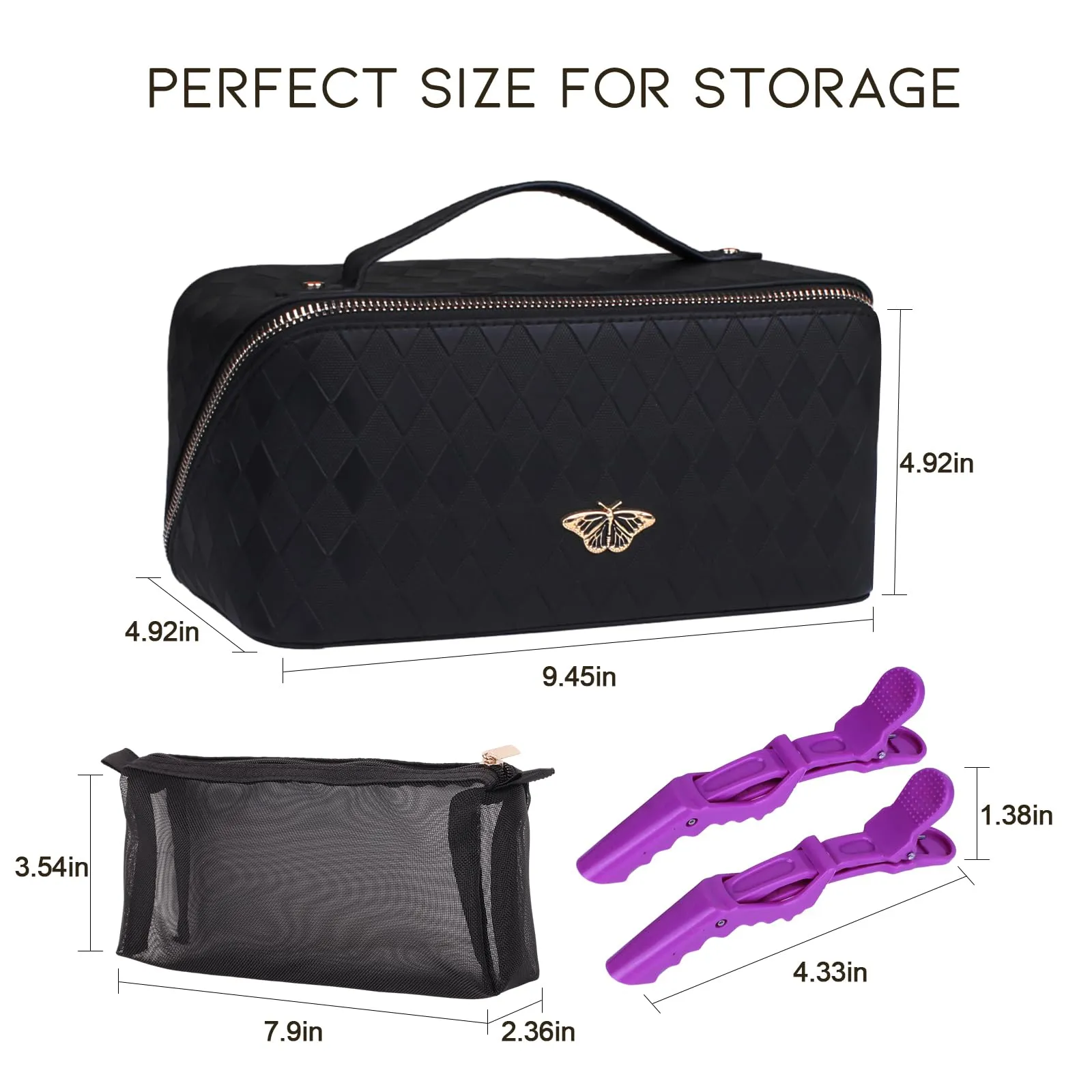 QuairBrez Travel Makeup Bag Large Capacity Cosmetic Bag Toiletry Bag Pouch Open Flat for Women Girls Portable Makeup Organizer Waterproof Leather Black Vanity Bag