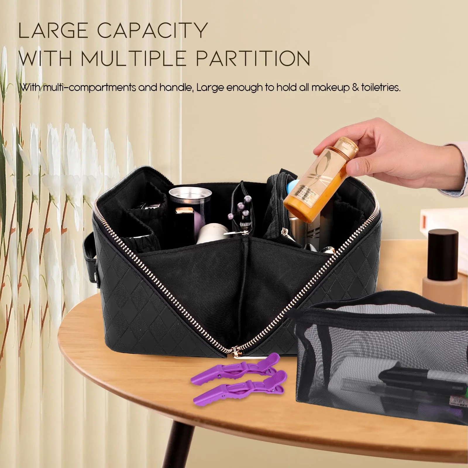 QuairBrez Travel Makeup Bag Large Capacity Cosmetic Bag Toiletry Bag Pouch Open Flat for Women Girls Portable Makeup Organizer Waterproof Leather Black Vanity Bag