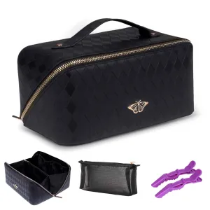 QuairBrez Travel Makeup Bag Large Capacity Cosmetic Bag Toiletry Bag Pouch Open Flat for Women Girls Portable Makeup Organizer Waterproof Leather Black Vanity Bag