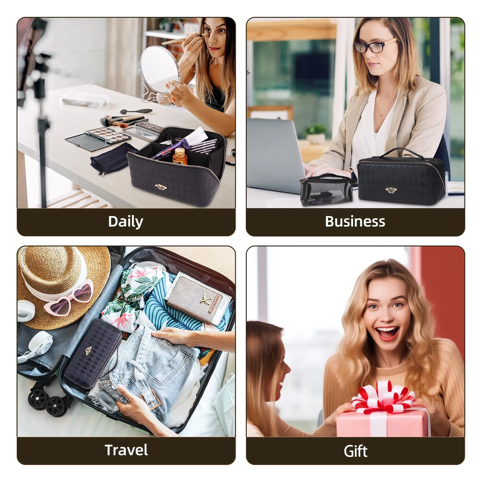 QuairBrez Travel Makeup Bag Large Capacity Cosmetic Bag Toiletry Bag Pouch Open Flat for Women Girls Portable Makeup Organizer Waterproof Leather Black Vanity Bag